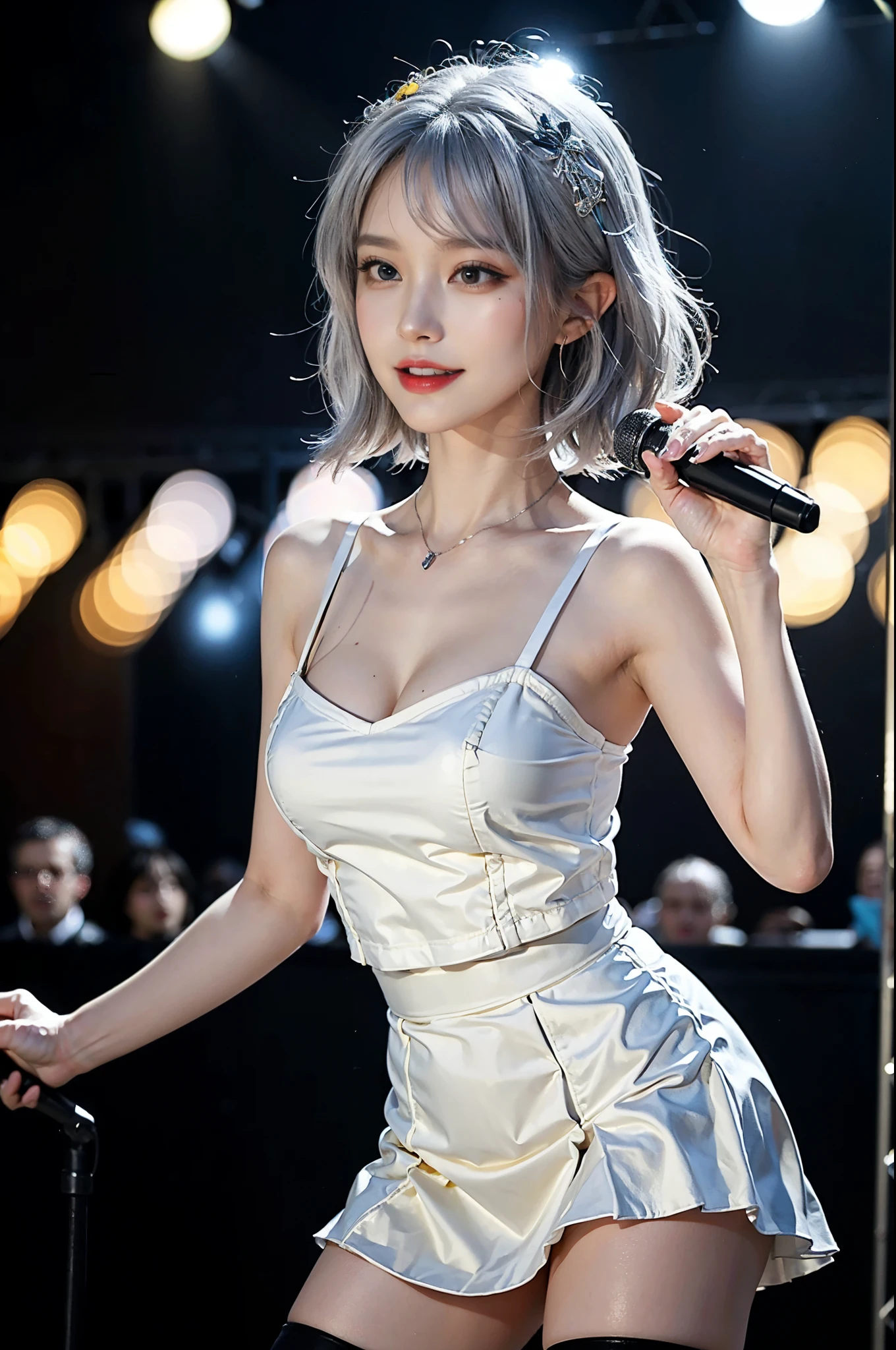(1 Girl Solo, 1 Sexy Woman, Silver Hair, Bub Cut, Idol singer, Yellow Gorgeous and cute clothes, holding microphone in hand:1.4), (Sexy woman, Thigh, Cowboy shot:1.3), Earrings, Necklace, Tatoo, woman playing guitar live, Standing in the middle of the live house stage and playing the guitar, (Laege Breasts, Perfect face, Detailed face, full pouty lips, Glossy lips, Makeup, eyes liner, Expressive eyes), Punk rock chick on stage, A woman singing a song on stage, Good hands, better hands, ((anatomically correct)), (Futuristic Portrait), (Extreme-Close-Up:1.2), cinema shot, Rim Lighting, Cinematic Light, (On a stage with twinkling lights, smile, Singing, Silhouettes of the audience cheering in the audience, Stage, Audience, depth of field:1.4), Look at viewer, no futuro telhado de luz neon, SSCI - FI e Fantasia, intrincado e muito bonito e elegante, altamente detalhado, pintura digital, art-station, arte conceitual, smooth and sharp focus, illustration, Arte de Tan Zi e Ayanamikodon e Alphonse Mucha e Wlop