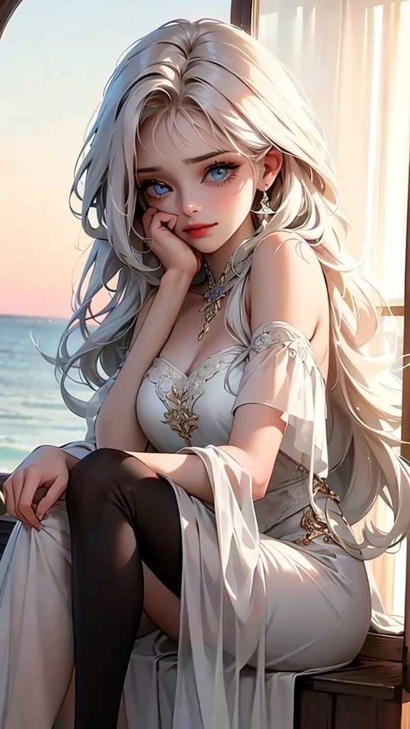 Bela mulher de cabelos longos e loiros, sitting in a window while sadly watching the sunset. Vestida com um top preto, blue eyes while a tear falls from your eyes.