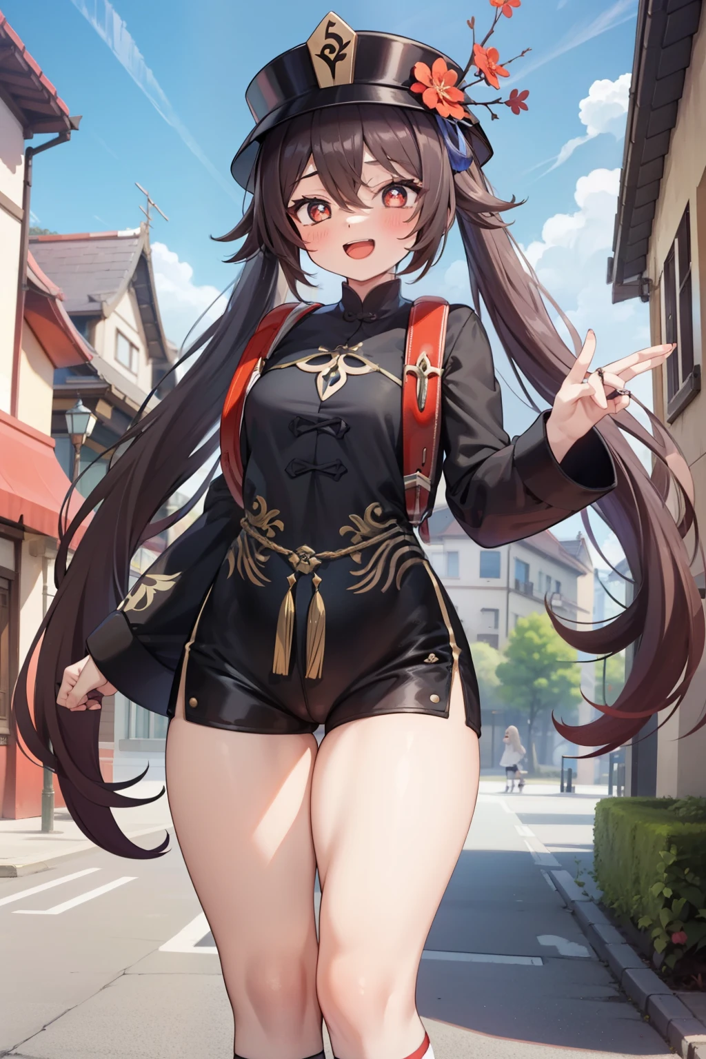 Masterpiece, hd, hutao_genshin, black shorts, :d, flower, black headwear, very long hair, long hair, twintails, brown hair, shoes, red eyes, black footwear, ((cowboy shot)), hair between eyes, sidelocks, symbol-shaped pupils, smile, solo, hat, short shorts, shorts, chinese clothes, open mouth, socks, kneehighs, white socks, hat ornament, double v, long sleeves, 1girl, blush, looking at viewer, chinese town, town, sky, outdoor, daytime, city, (thighs), ((curvy body)), ((street)), (white socks), medium breasts, standing, wearing red backpack, (backpack:1.1)