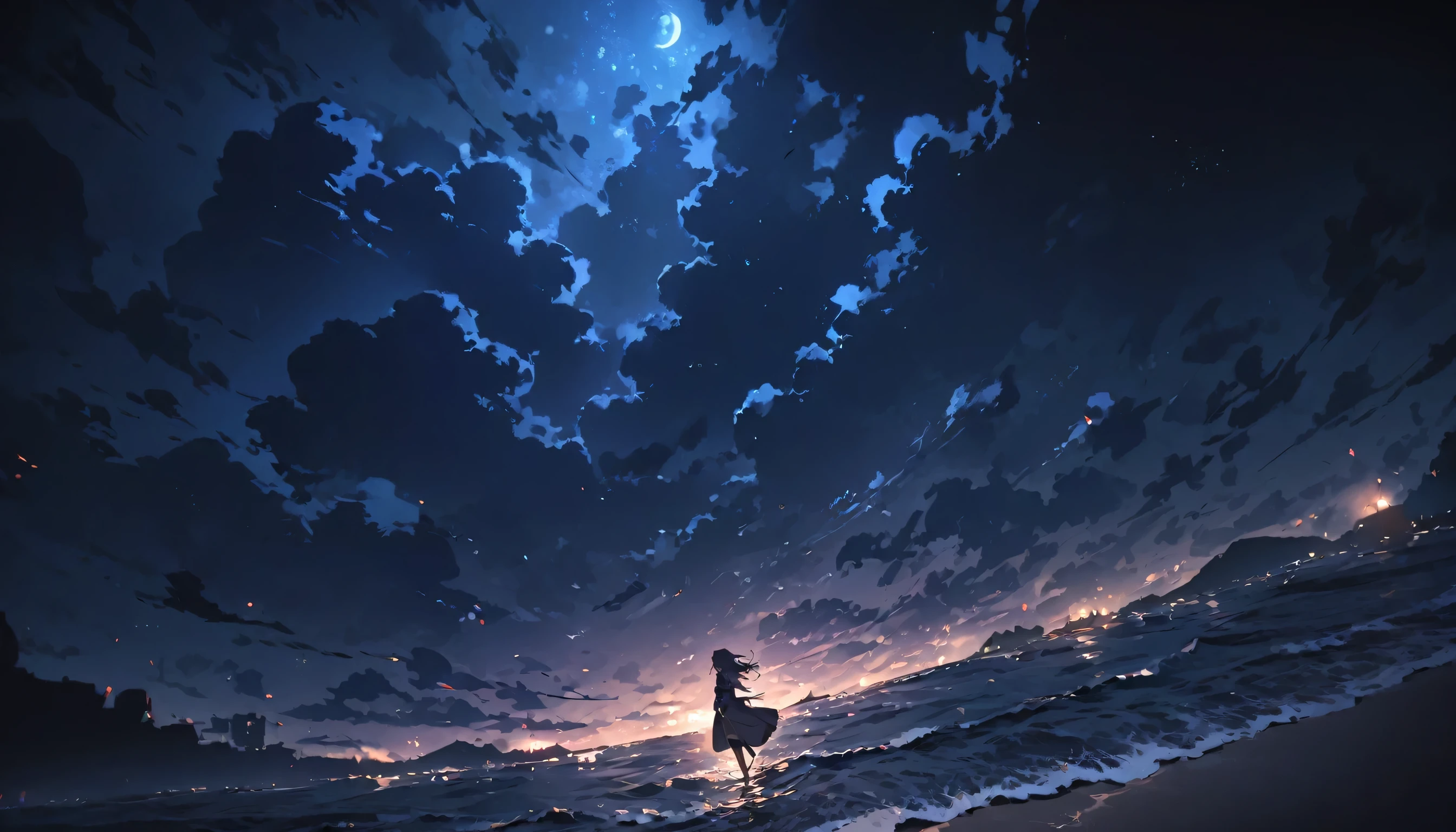 girl, 1 person, Dark atmosphere, night, Ocean