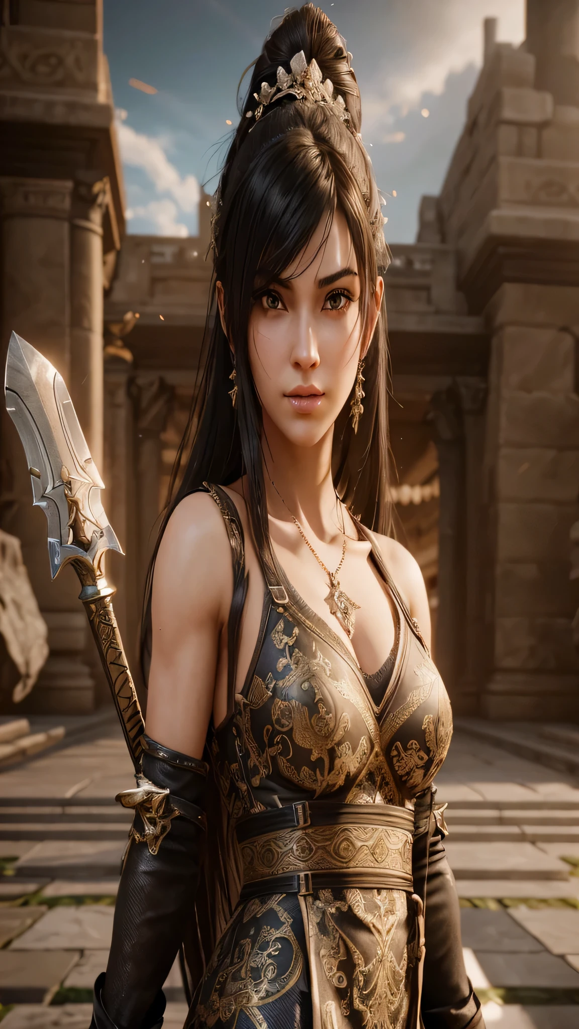 a close up of a woman in a dress holding a sword, artgerm ; 3d unreal engine, unreal engine 5 », unreal engine 5 4 k uhd image, cinematic unreal engine 5, unreal engine 5 quality, unreal engine 5 highly rendered, detailed unreal engine 5 render, unreal engine 5 : :, unreal engine character art, unreal 6 breathtaking detailed.