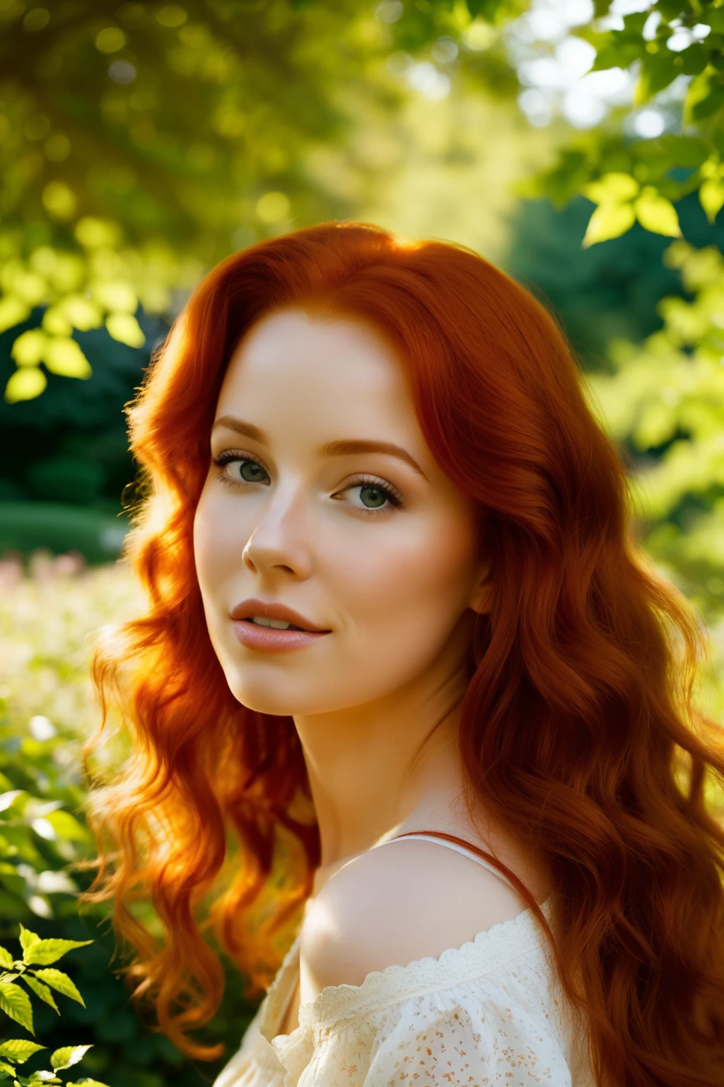 A captivating redheaded woman, her hair cascading in fiery curls, blows a playful kiss towards the camera. The scene is set in an idyllic garden, bathed in soft, warm sunlight filtering through the leaves of the trees. The overall composition is an arresting 9:16 aspect ratio, framing the woman's face and shoulders beautifully, with her expressive eyes sparkling with mischief and warmth. The image is further enhanced by sharp focus, adding an air of intimacy and charm to this moment. (belle redhead, blows a kiss, 9:16 aspect ratio, soft sunlight, garden setting, idyllic scene, sharp focus,