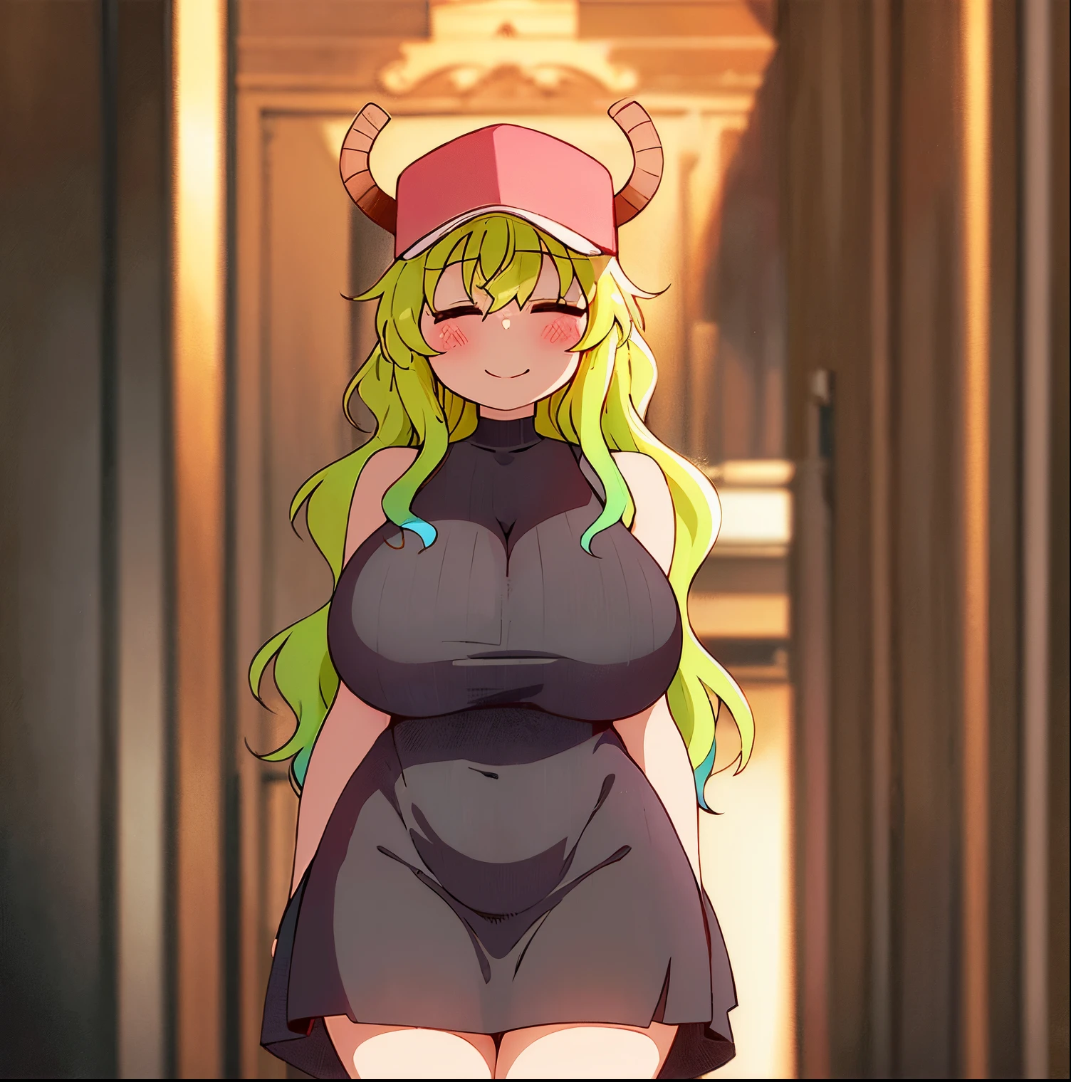 1 girl, alone, lucoa, black ribbed dress, huge breasts, medium waist, wide hips, medium thighs, round butt, long hair, blush, smile, hat, closed mouth, closed eyes, horns, baseball cap, pink hat, horns through hat, arms behind back, looking at viewer, standing, thigh gap, sexy body, perfect hands, perfect anatomy