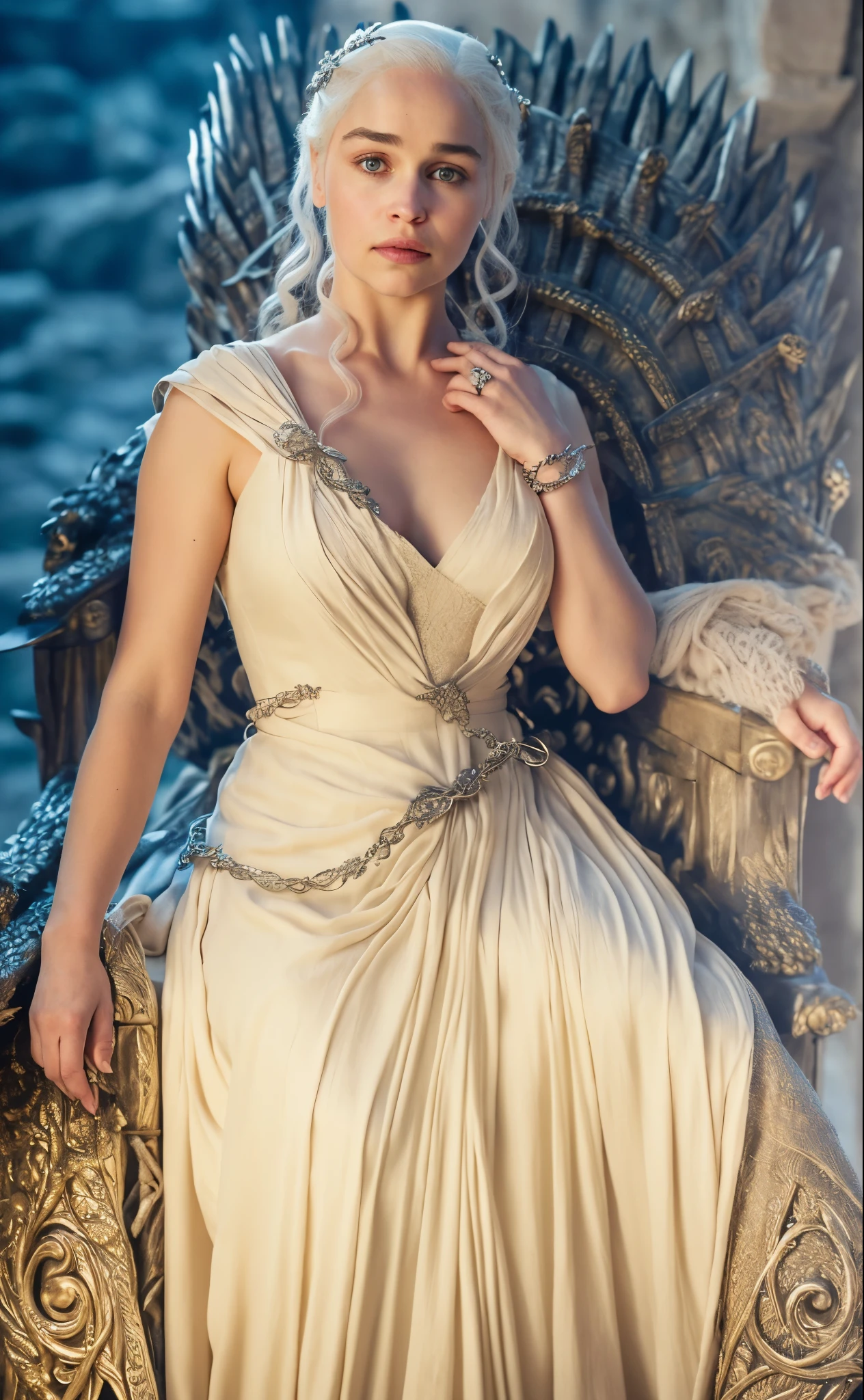 Solo woman, Linen cloth, linen dress, dress inspired by mediaeval period Royal lady, mediaeval maid linen dress, Royal Satin dress, Perfect eyes, flawless Beauty, pierced eyes, Masterpiece, Daenerys Targaryen, Gorgeous woman, queen, Queen Lady, Princess of Dragonstone, beautymarks on breast, The Unburnt, Queen of Meereen, Queen of the Andals, the Rhoynar and the First Men (claimant), Protector of the Seven Kingdoms (claimant), Khaleesi of the Great Grass Sea, Breaker of Shackles, Mother of Dragons, The One Who Was Promised, Lady of Dragonstone , 45 years Old, she is a Full growned lady now, beautiful mature lady, the queen, milf beauty, mature queen, Best quality, a small, charming Beauty, a captivating woman, fully ripen milf body, lustful queen, alluring appearance, unrivaled beauty, wonderful breasts, large breasts, mediaeval erotic costumes, a Game of Thrones-inspired costume, a close-up of a woman from the middle ages, Daenerys Targaryen, Daenerys, resembles Emilia Clarke, Emilia Clarke, scene from "Game of Throne," deep cleavage, warrior princess, healthy body, perfect thick body, attractive figure, fleshy body, style of "Game of Throne," beautiful lady, beautiful woman, mediaeval clothes, stunning woman, 8K, insane details, dress made of clothes and jewelry, perfect hair, styled hair, high clarity eyes, perfect hands, perfect fingers, perfect eyes, single female, silver white hair,