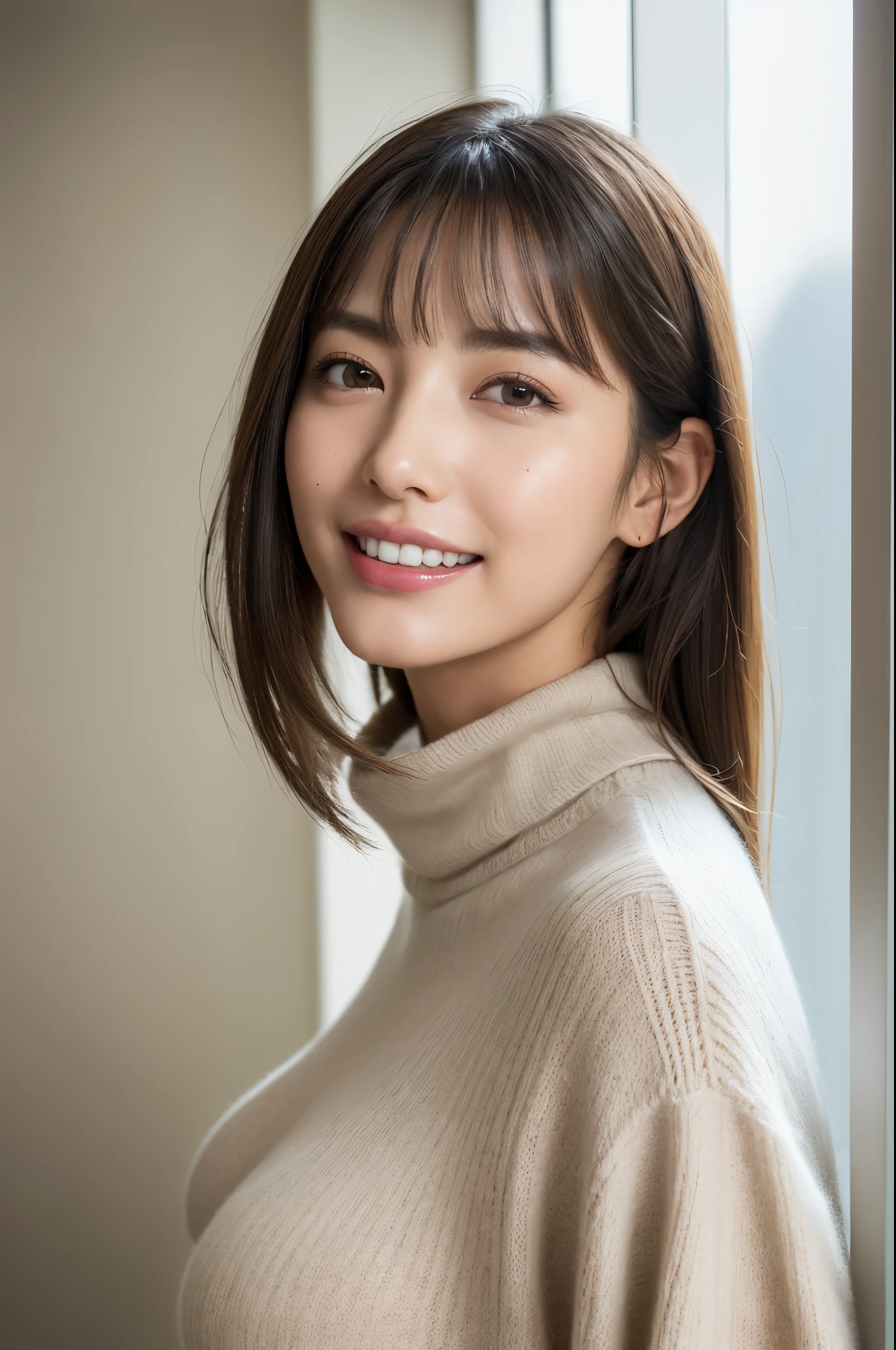 Solo,(Sexy and provocative smile), (Shiny skin:1.05),(blush:0.9),(Skin Dentition:1.15),Realism, Mastepiece, Top quality, High resolution,Disorganized, (Perfect Face:1.1),highest quality,,SLR,Feels good,A transparent atmosphere,Light makeup,Sexy Lips,Diagonal bangs,Facial beauty,Making bangs,Natural soft light,One girl,depereblanca,Gazing into the distance,Duck mouth,Thin and fine eyebrows,Brown eyes,Tall,Well-shaped bust of moderate size,("I can see your breast shape",PurerosFace,Cowboy Shot,necklace,watch、20-year-old,Gray turtleneck knit T-shirt,silk,cashmere,Smooth fabric,Calm fashion,tight,Thighs,Clean office,Big blinds,White wall,There is a big window on the wall,Large office,High ceilings,Passages with depth,Chest,Landscape,Sticking out your ass,Protruding nipples,A scene of a knitted garment being tucked up,