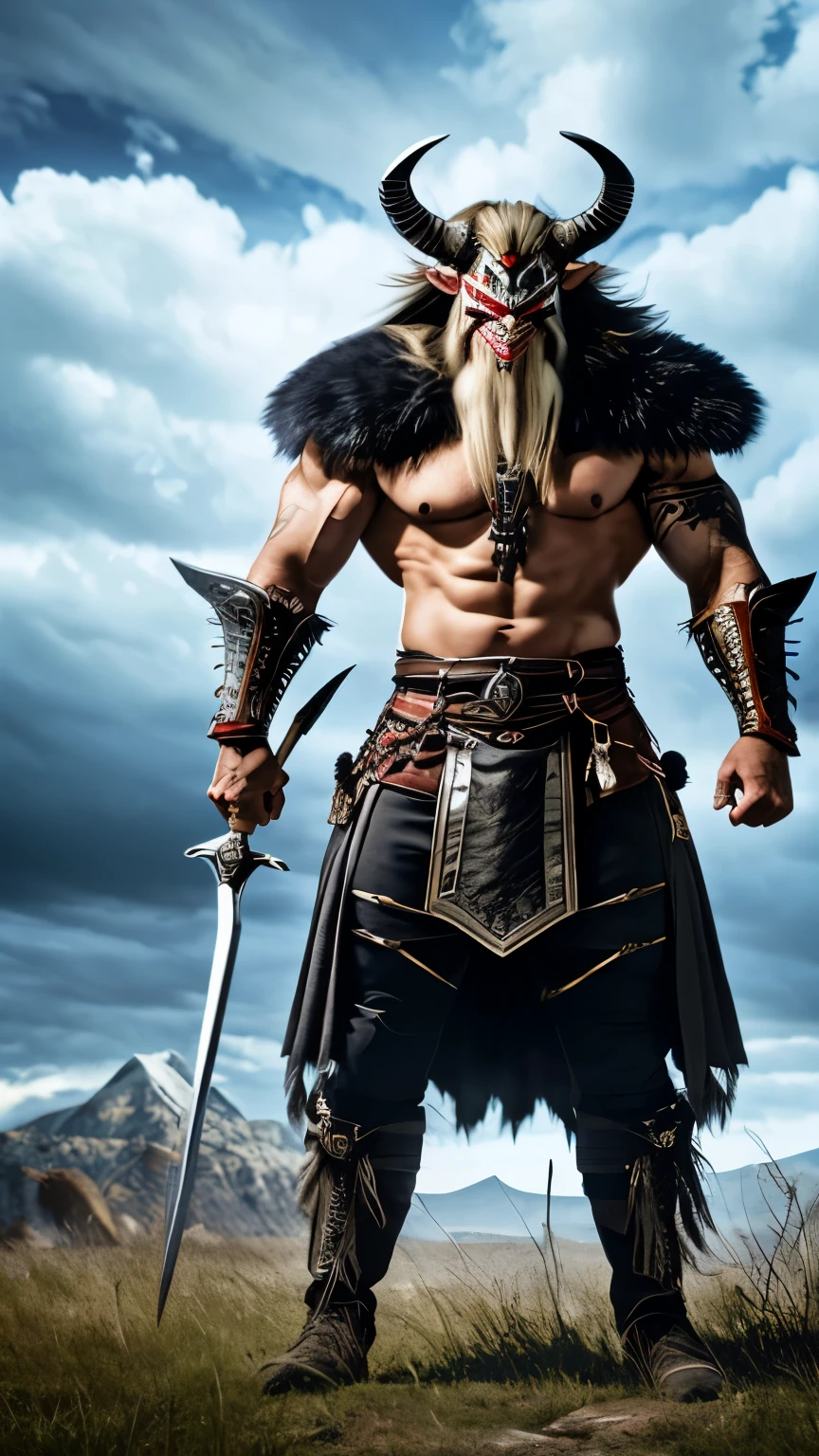 ((live-action:1.2)), photo of in real life,8k, Aboriginal mask with fangs, Kvar,1monster, long hair, long chain mail skirt, beard with knots, silver hair,A hyper-realistic movie photograph of a powerful and intimidating character with a muscular build. The character has long, wild blonde hair, and wears a fur cloak. He has large, curved horns on his head and a fierce, menacing expression with sharp teeth visible in his mouth. The character is standing in a dramatic pose, holding a weapon with a bloodstained blade. The background features a clear blue sky with some clouds and a hint of a battlefield, creating a tense and epic atmosphere, huge body