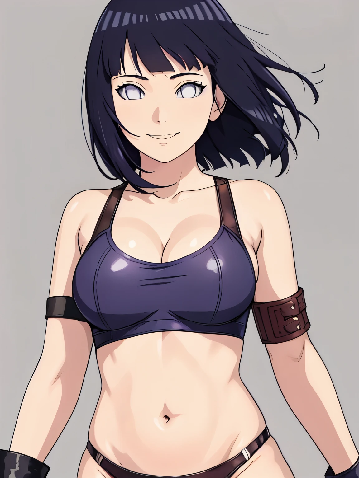 (hinata\(boruto\), (high quality, anime, standing), ((wrestling outfit: double leather bra for wrestling, arm strap, arm strap, thong for wrestling)), ((slender woman, off-shoulders, (long belly), thick arms, super detailed body, smile)), ((pointing)), (medium-big breasts, cleavage), closed mouth), tan skin, ((floating hair, dark blue, short hair, hime cut، loose hair), (background: simple white background only), (background: simple white background only, windy)
