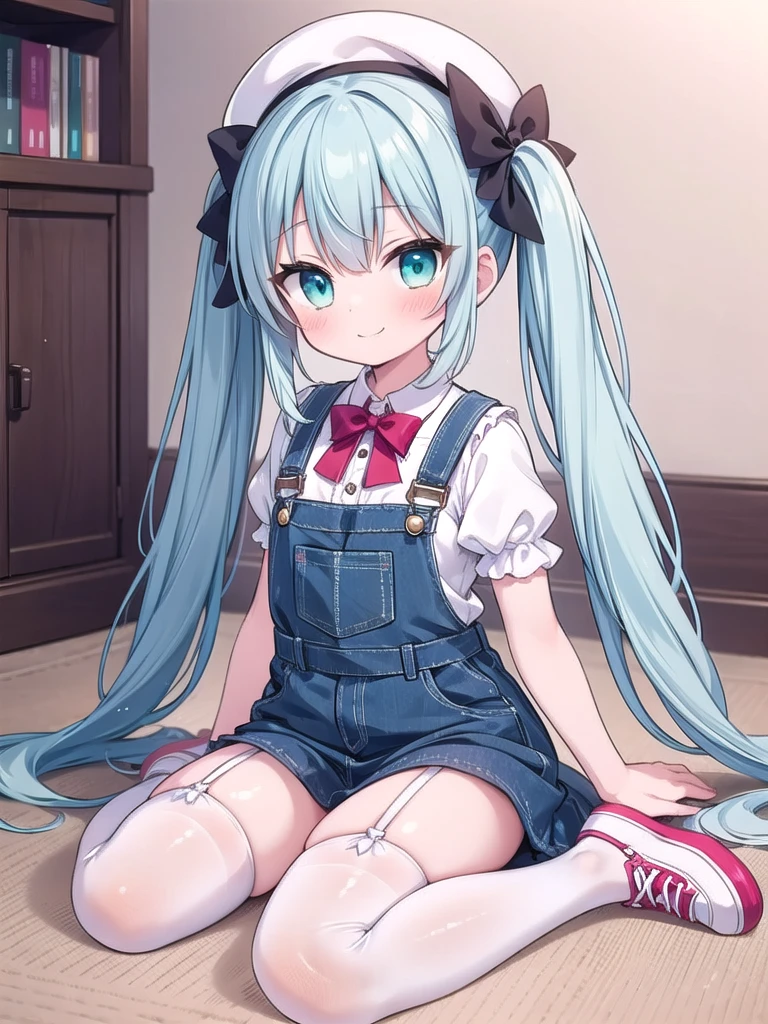 1girl, best quality, perfect hands, black rabbit ears, long rabbit ears, rabbit girl, smile, black hair, cyan hair, very long hair, twintails, red hair bow, cyan eyes, white shirt, overalls, blue skirt, very short skirt, puffy short sleeves, white beret, blush, hair ornament, white thighhighs, white garter straps, (white beret:1.5)