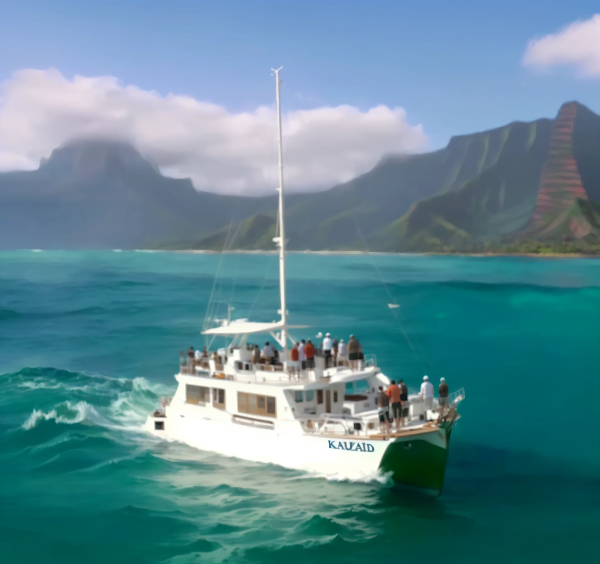 arafed boat with people on deck sailing in the ocean, kauai, 8k h- 0, ( ( ( kauai ) ) ), big island, ( ( ( ( kauai ) ) ) ), on the ocean, stunning view, bottom - view, beautiful views, 4 0 9 6, mana, hawaii, wide overhead shot, boat in foreground