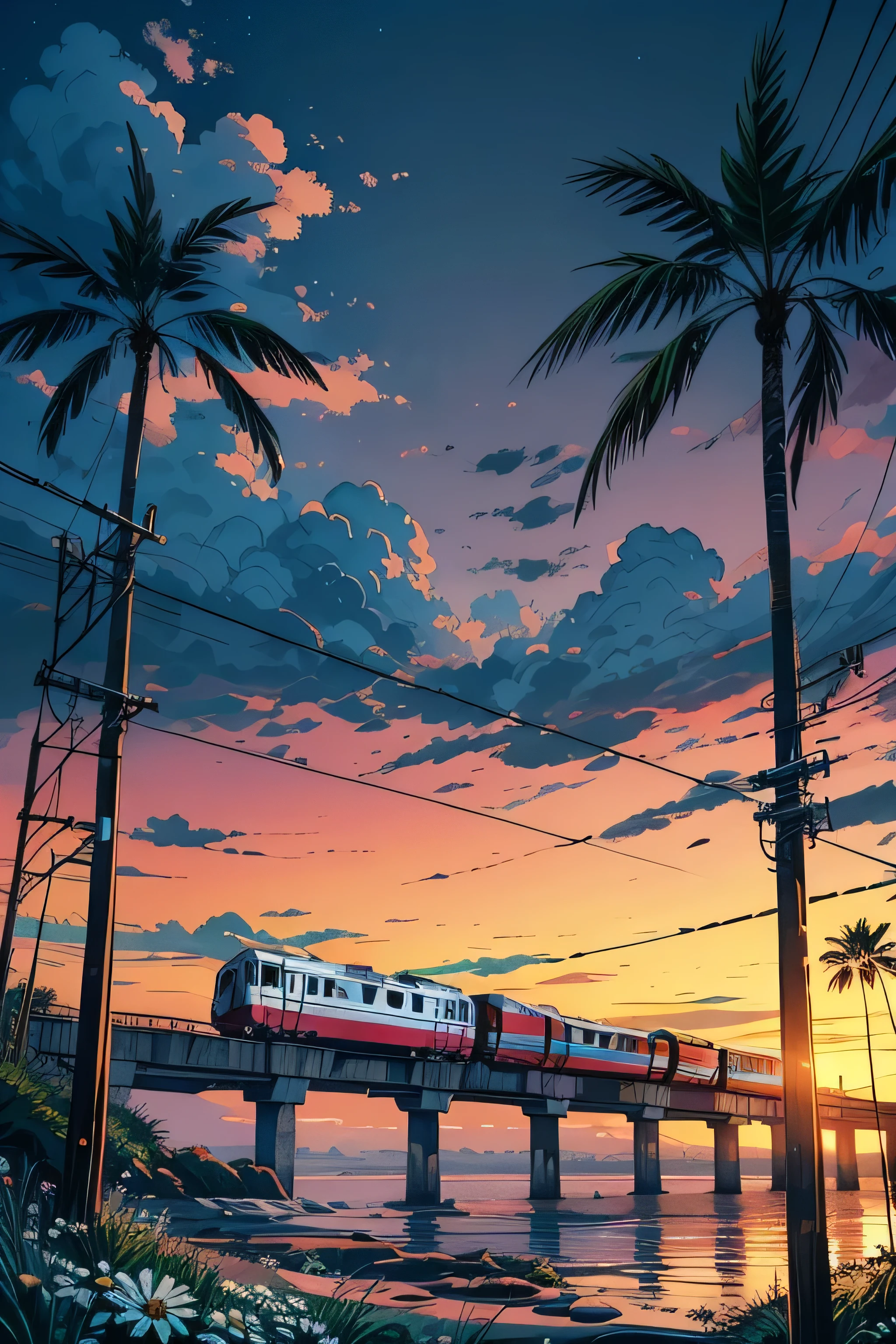 (masterpiece:1), (full anime view:1.5), (train trundles along the coastal tracks:1.6), (Lush palm trees sway in harmony:1.3), silence, (gentle lapping of waves:1.4), (white daisies growing around with long grass:1.2), magnificent sky, (Dim volumetric light:1.4), peaceful, (beautiful sky), (beautiful tones:1.5), (lofi ambience :1.4), (wires and poles: 1.4), (evening scene:1.3), (beautiful aesthetics:1.2), (scattered pink and blue sky:1.2), beautiful tones, subtle colors, peaceful, (illustration: 1.0), epic composition, realistic lighting, HD details, masterpiece, best quality, ,