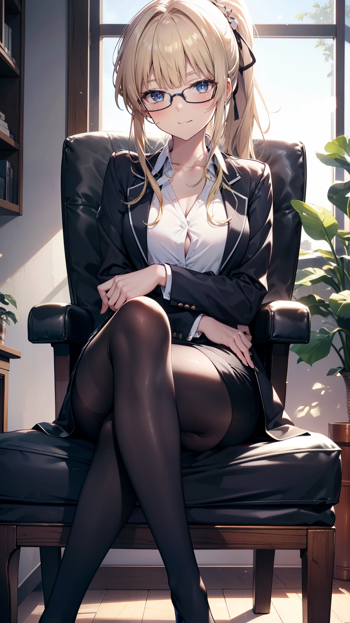 Eliris Penser, eriri sawamura spencer, Blonde Hair, blue eyes, Blunt bangs, hair band, Princess Cut, ponytail long hair, happy smile, smile, Open your mouth,OL, Akagi glasses, Black suit jacket, Collared jacket, White dress shirt, Collared shirt, Neckline, button, Black pencil skirt, Black Pantyhose,Stiletto heels,Arms crossed,sit cross-legged on a chair,There is a computer on the table,touch typing,whole bodyがイラストに入るように,sunny,Daytime,
break indoors, Office break looking at viewer, whole body, 
break (masterpiece:1.2), highest quality, High resolution, unity 8k wallpaper, (shape:0.8), (Beautiful details:1.6), Highly detailed face, Perfect lighting, Extremely detailed CG, (Perfect hands, Perfect Anatomy),