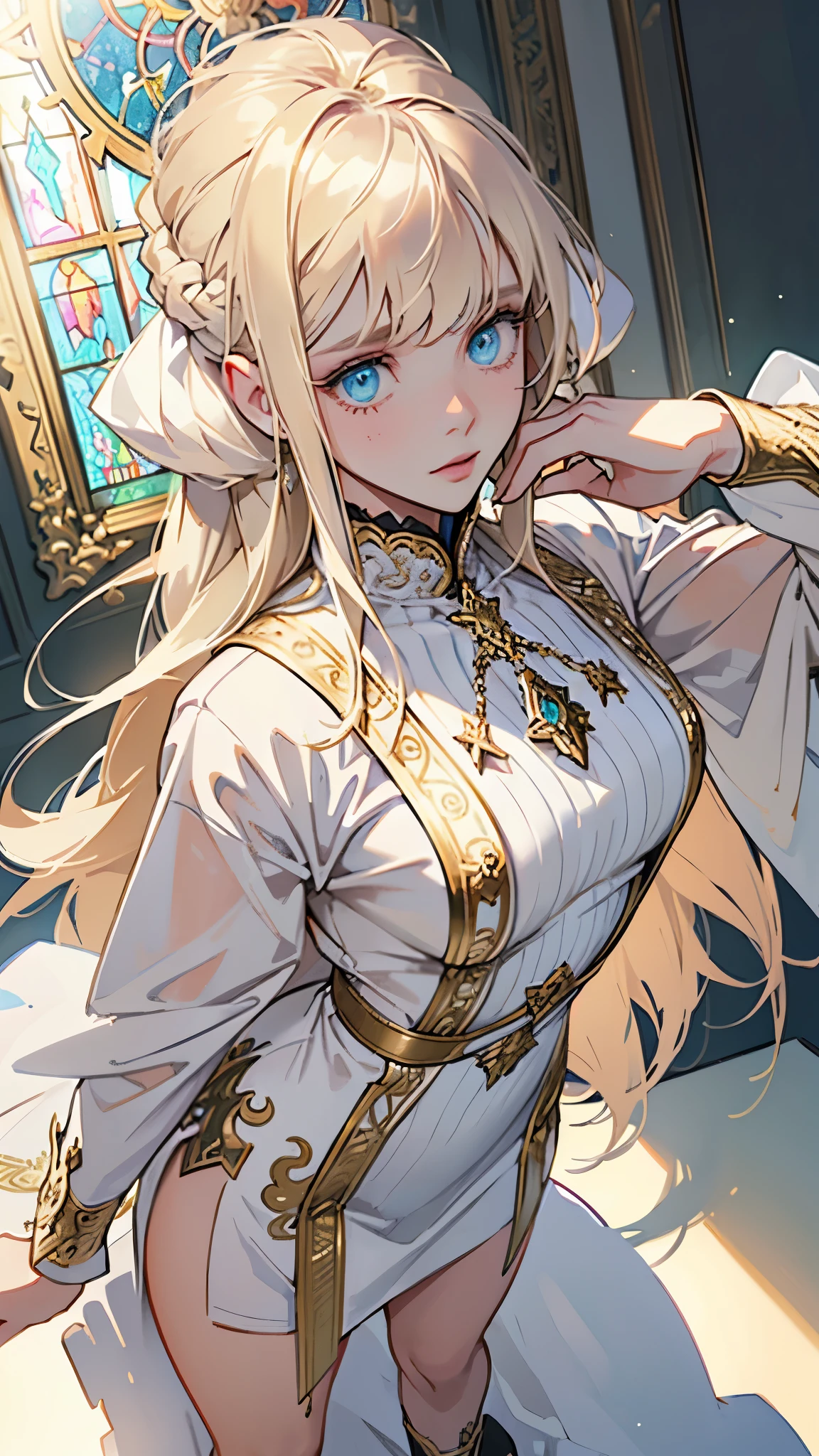 (A luxurious white vestment with intricately detailed gold embroidery)Incorruptible and white,Pure and pitiful, rosary, Stained glass praising, Beautiful woman, extremely long hair, blonde hair, green eyes, 32, (masterpiece:1.3), (best quality:1.3), high-resolution, watercolor pencil, Head-on angle, Body facing forward, (upright:1.3), solo, blue eyes, beautiful detailed eyes, beautiful legs, (white background:1.2), simple background, concept art, shadow lighting, beautiful detailed glow, best illuminate,(((best quality, textile shading, ultra detailed))),extremely detailed CG unity 8k wallpaper,Highly Detailed beautiful and aesthetic, best light, high resolution, detailed, dynamic lighting, 1Character, pastel washed out colors, cell shade, soft, muted shades, gentle colors,