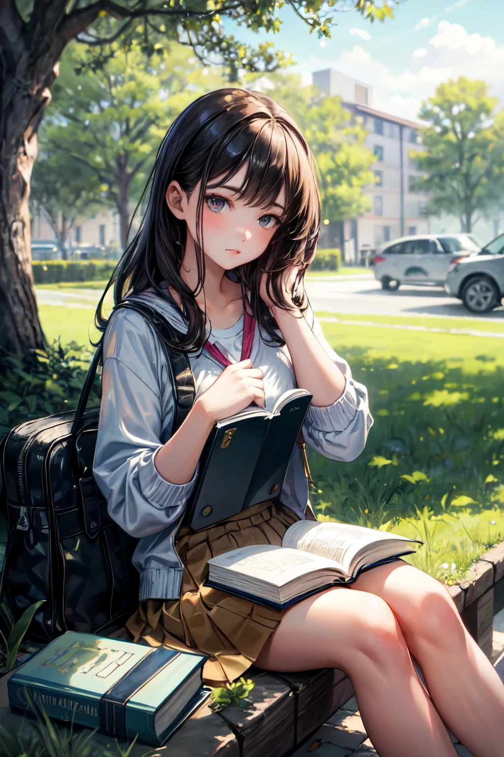 ((best quality)), ((masterpiece)), (detailed),(perfect face),"Alone girl outside the school, she is sitting on the grass with her book in sad nature, she is looking at her book under a beautiful tree,