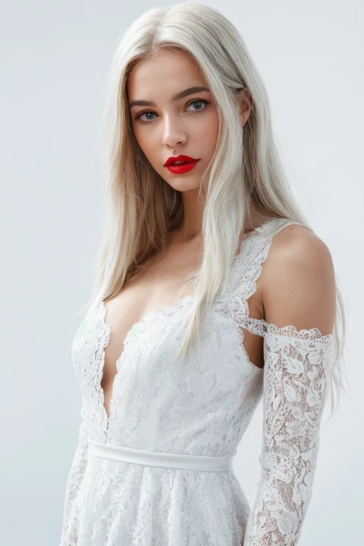 A stunningly beautiful (((woman))), with long, flowing (((white hair))), flawless (((porcelain skin))), and striking (((red lips))), dressed in a (((white, flowing lace dress))), blending in against a (completely pure, (((white backdrop))))