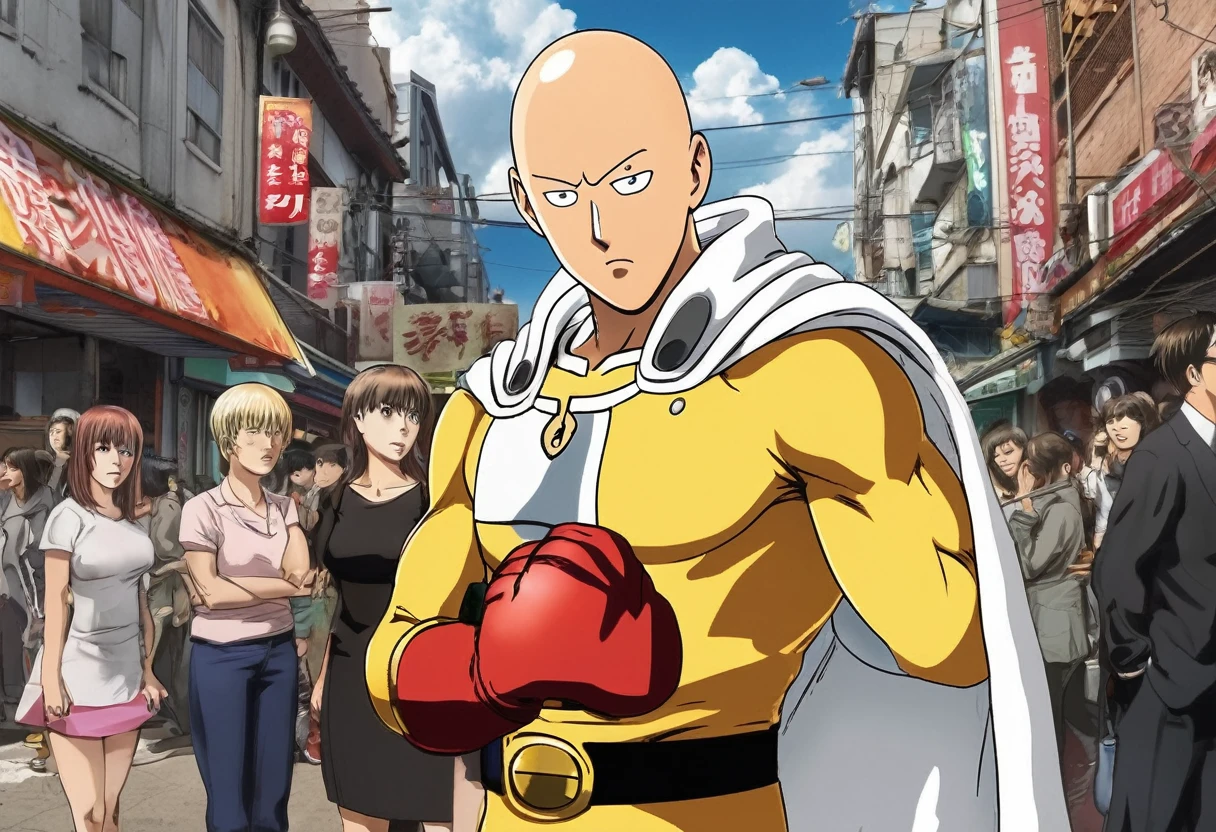 Saitama, one punch man, looks confused. A cute woman has declared she is his girlfriend and is posing for couples photos and asking the crowd to take picture, set in a wrecked part of town post fight (comedy)