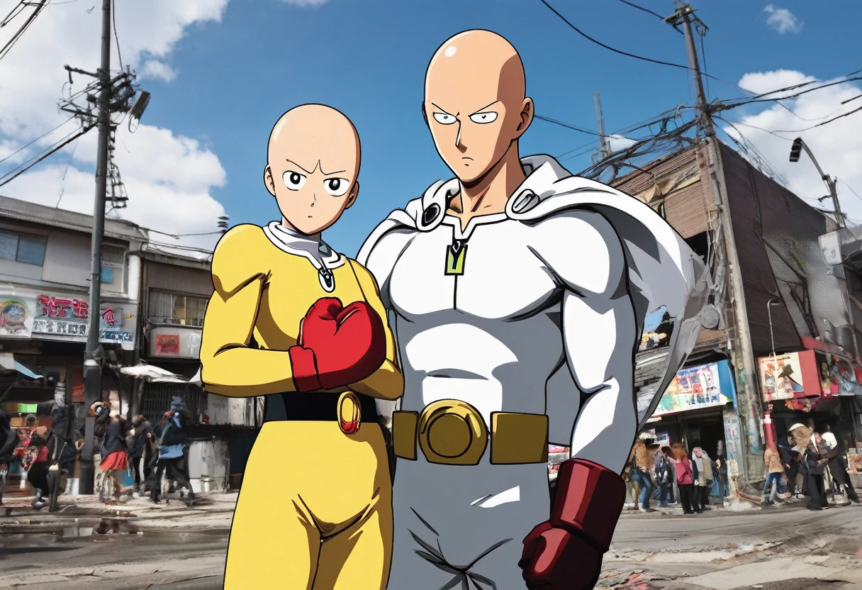 Saitama, one punch man, looks confused. A cute woman has declared she is his girlfriend and is posing for couples photos and asking the crowd to take picture, set in a wrecked part of town post fight (comedy)