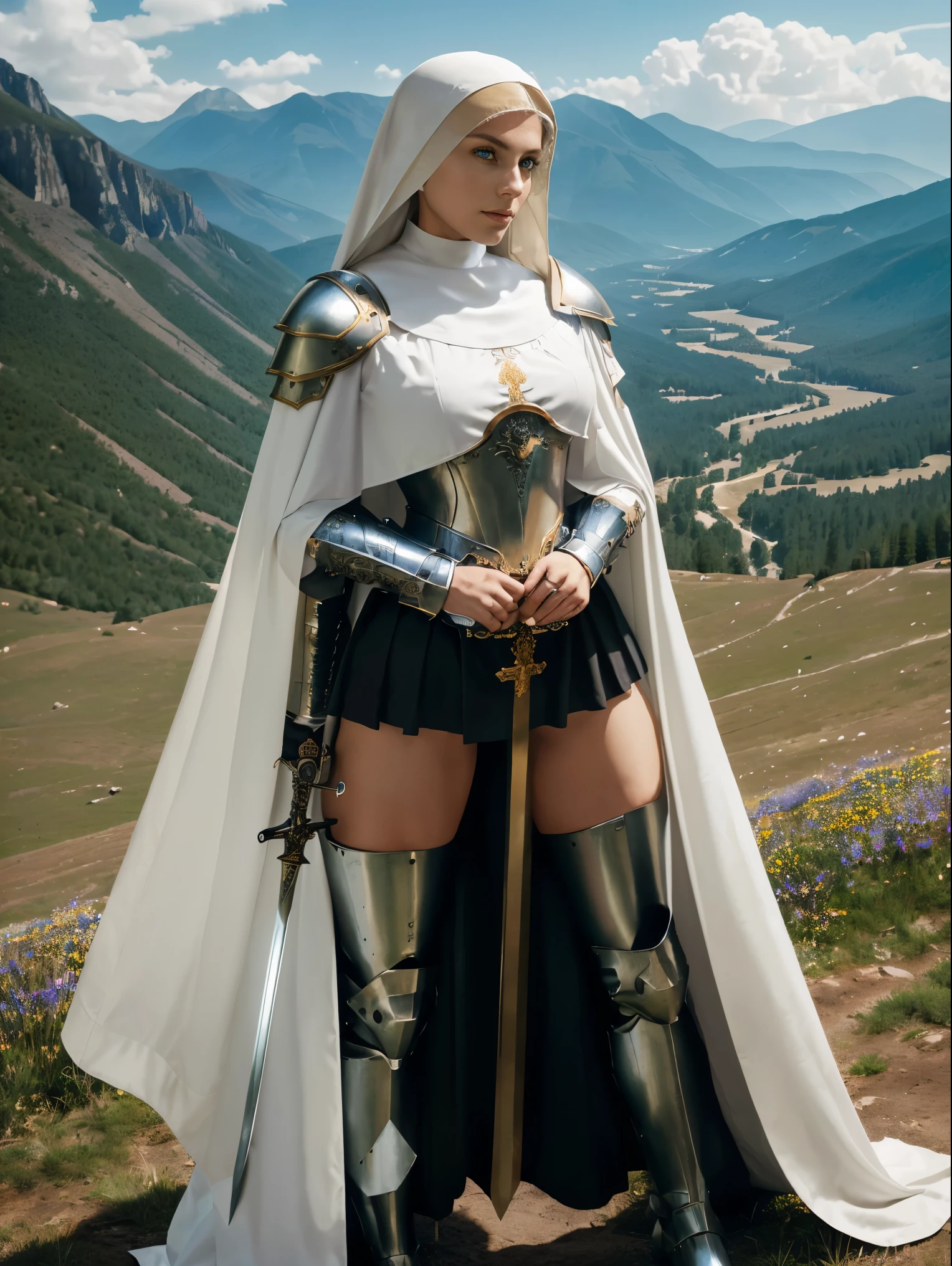 (masterpiece, top quality, best quality, official art, beautiful and aesthetic:1.2), (1girl:1.3), ((Sharp facial features, sharp features, hawkish features)), ((blue eyes)), busty brunette paladin knight girl, extremely detailed, portrait, looking at viewer, solo, (full body:0.6), detailed background, full-body shot, (warm mountain meadow theme:1.1), holy knight, (nun), charlatan, smirk, mysterious, swaying in mountains, armor, polished metal, gold trim, long boots, white fabric, pelvic curtain, robe, pale leather, ((((nun, greatsword, corona, holy aura, heavy armor, armored, long legs, pelvic curtain, toned, muscular)))), slim waist, slim hips, long legs, medieval (mountain exterior:1.1) background, dark mysterious lighting, shadows, magical atmosphere, dutch angle