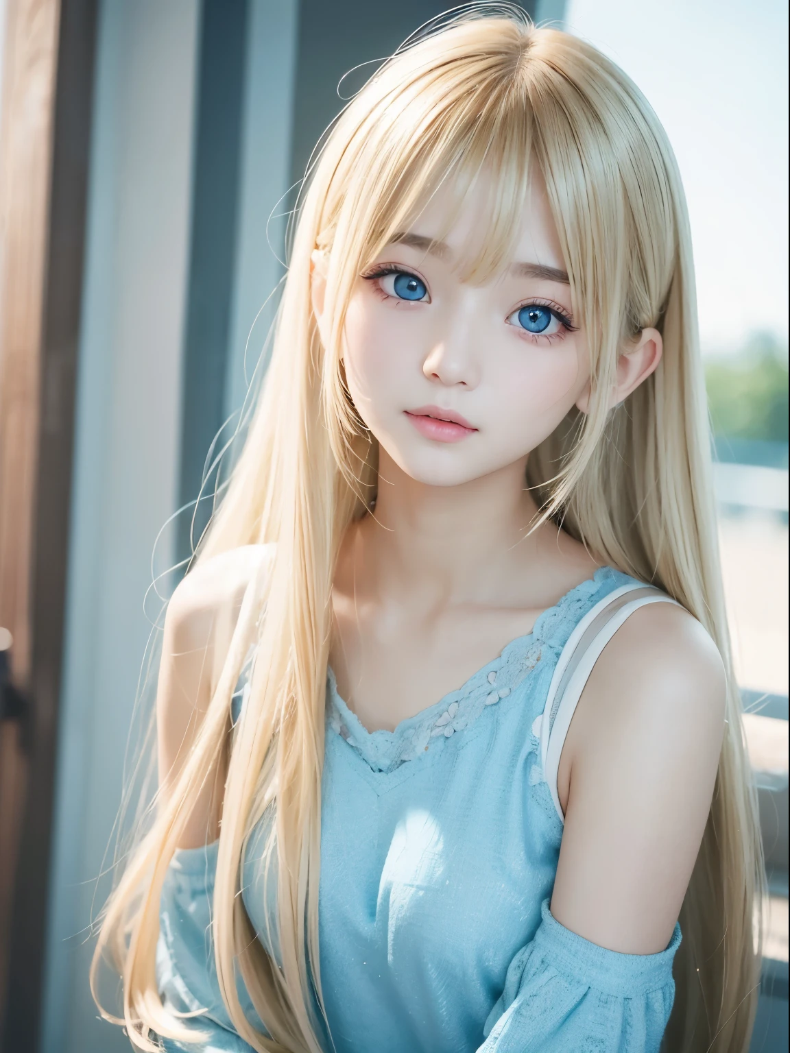 1girl in、The Cutest Beautiful Girl、Bright expression、Very messy hair、Bright straight blonde hair with golden shine、Very beautiful super long shiny hair、Very beautiful and cute face、Sparkling Beautiful Skin、solo、Ultra HD、Hard Focus、Film Grain、Ultra HD、Masterpiece、Her eyes are a beautiful, clear, light blue.、round face、Small Face Beauty、Young and glowing cheeks、Her long, messy bangs are very beautiful