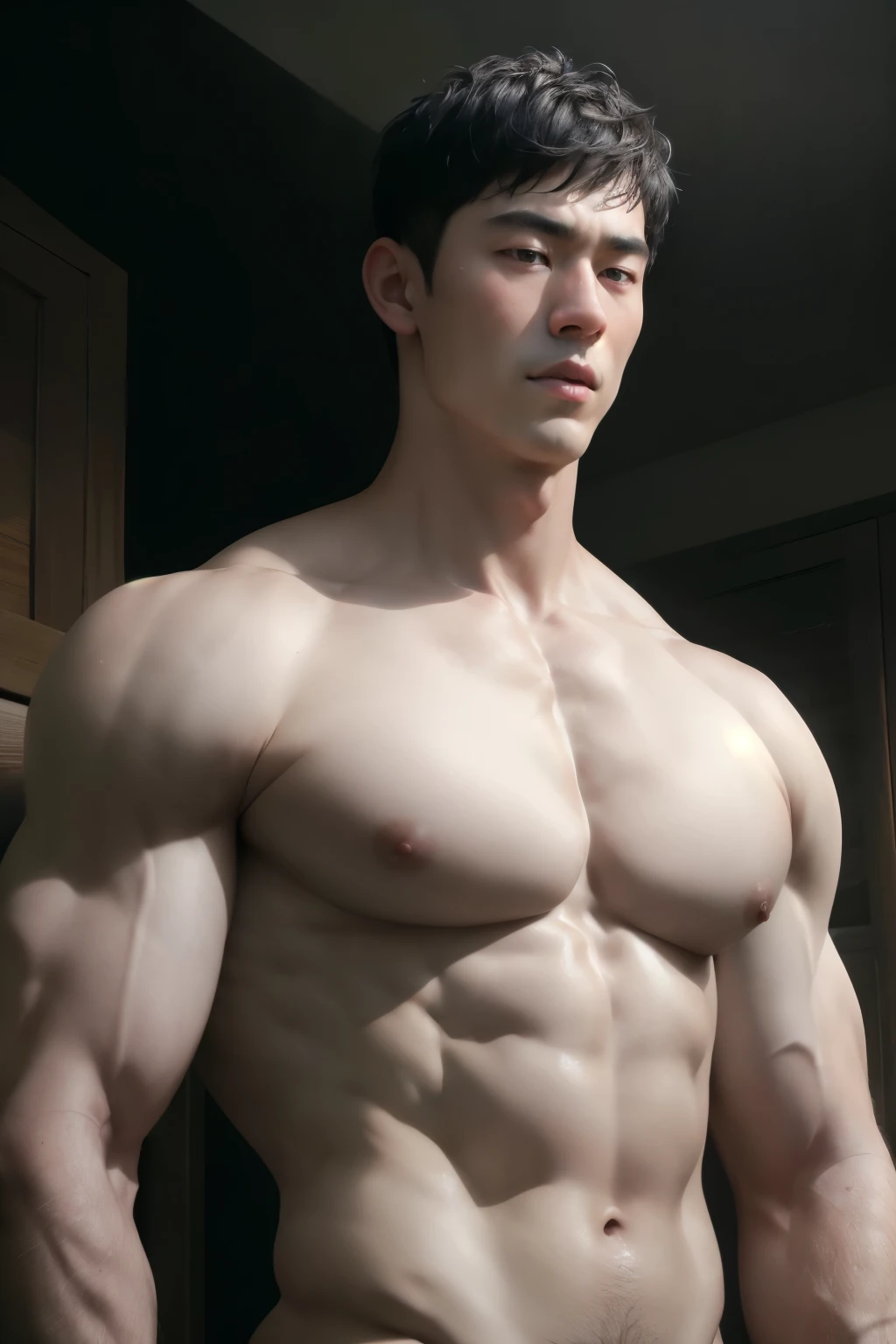 (8k, RAW photo, best quality, masterpiece:1.2), (realistic, photo-realistic:1.4), ultra-detailed, (high detailed skin:1.2),Naked upper body,white skin, musculature, huge breast, Chinese boy, musculature,Black hair,serius face,Handsome boy,