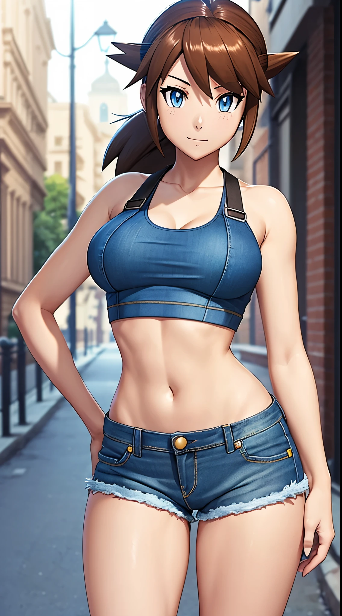 1 female, solo, Misty from Pokemon, masterpiece, very detailed, EnvyBetterHands LoCon, standing position, streets background, realistic body proportion, wearing a denim short, yellow crop top with straps, EnvyBetterHands LoCon