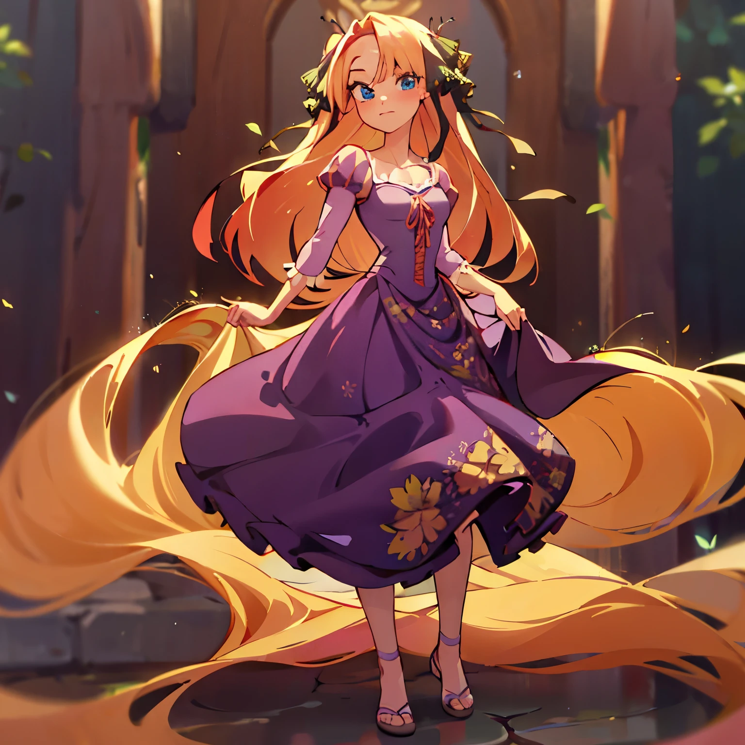 Fusion between Rapunzel from disney and Nino Nakano, good fusion, excellent character design, masterpiece, 4k, perfect anatomy, perfect face, perfect eyes, 1girl, solo, full body, Itsuki nakano wearing rapunzel's dress, long long blonde pink hair, blonde hair, extremely long hair, buterfly hair ribbons, blue eyes, purple rapunzel dress