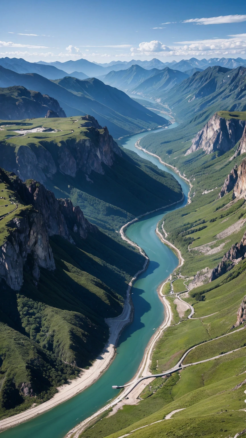 8k,Aerial view,Mountains and rivers