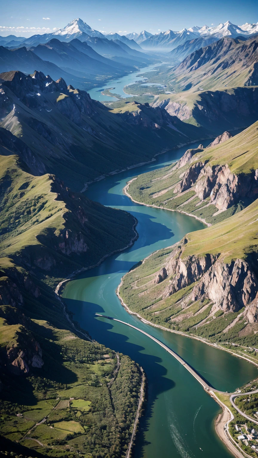 8k,Aerial view,Mountains and rivers