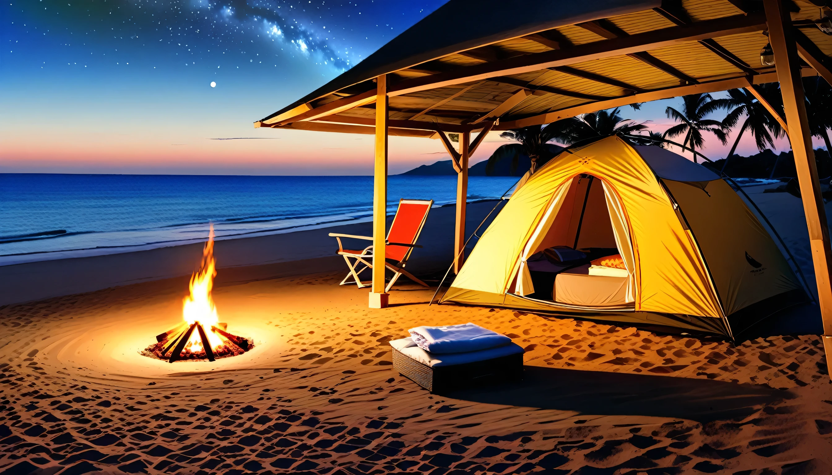 High fidelity Photograph、beach campsite、bonfire、beautiful sandy beach、The crescent moon is beautiful、tent、unburned bonfire、Grill、deck chair、starry、Quiet place、beautful view、lamplight、there was no one。