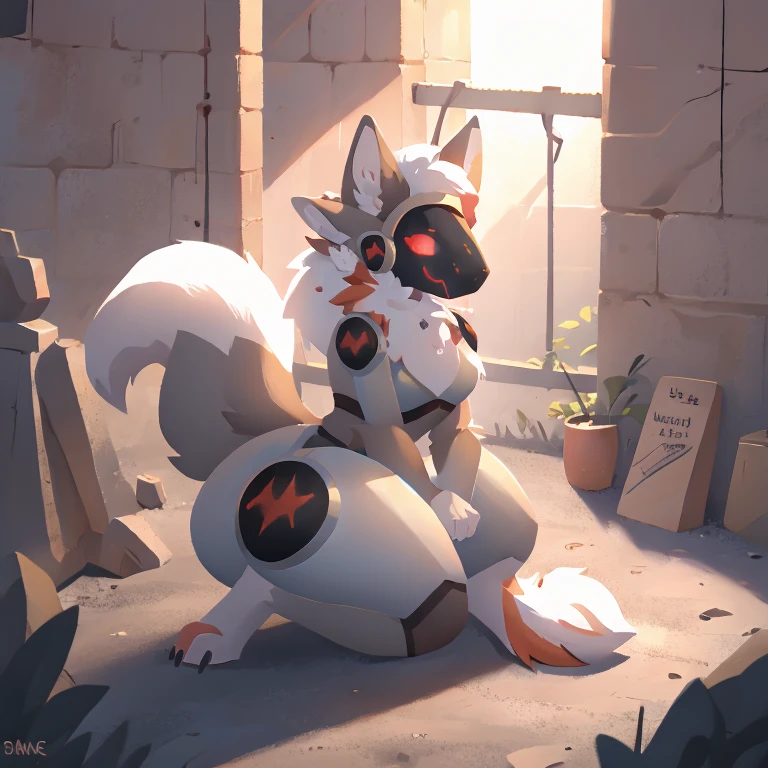 Female Protogen with extremely wide hips, skinny, extremely big breasts, extremely humongous thighs, Extremely humongous ass, white hair, white fur, huge White fluffy tail attached to back of pelvis, and reddish highlights. Blue glowing eyes, white fur tufts, back view, wearing grey armor that doesn't cover ass, sitting on her knees with her tail between her legs burying her face into her tail.