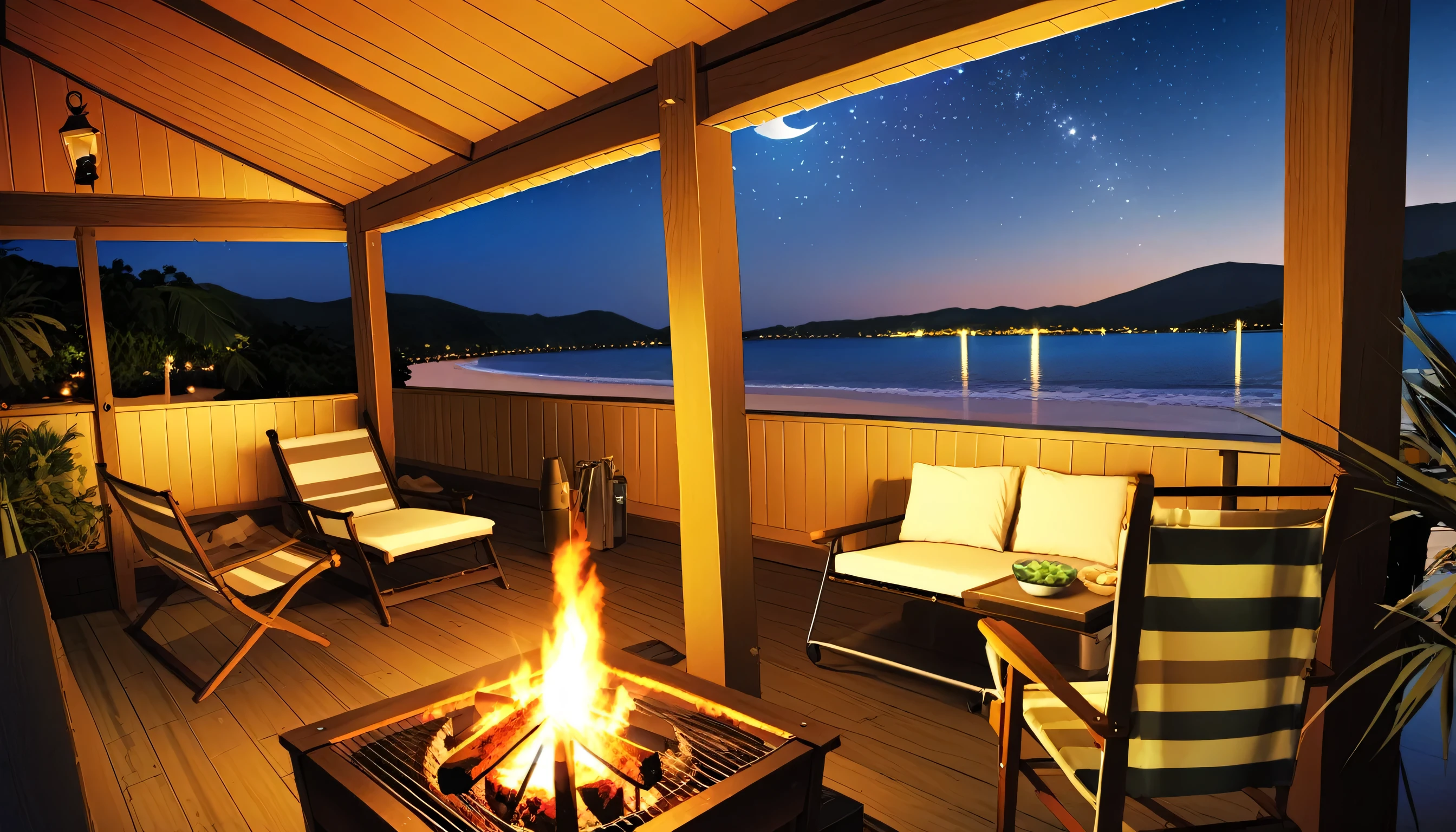 High fidelity Photograph、beach campsite、bonfire、beautiful sandy beach、The crescent moon is beautiful、tent、unburned bonfire、Grill、deck chair、starry、Quiet place、beautful view、lamplight、there was no one。
