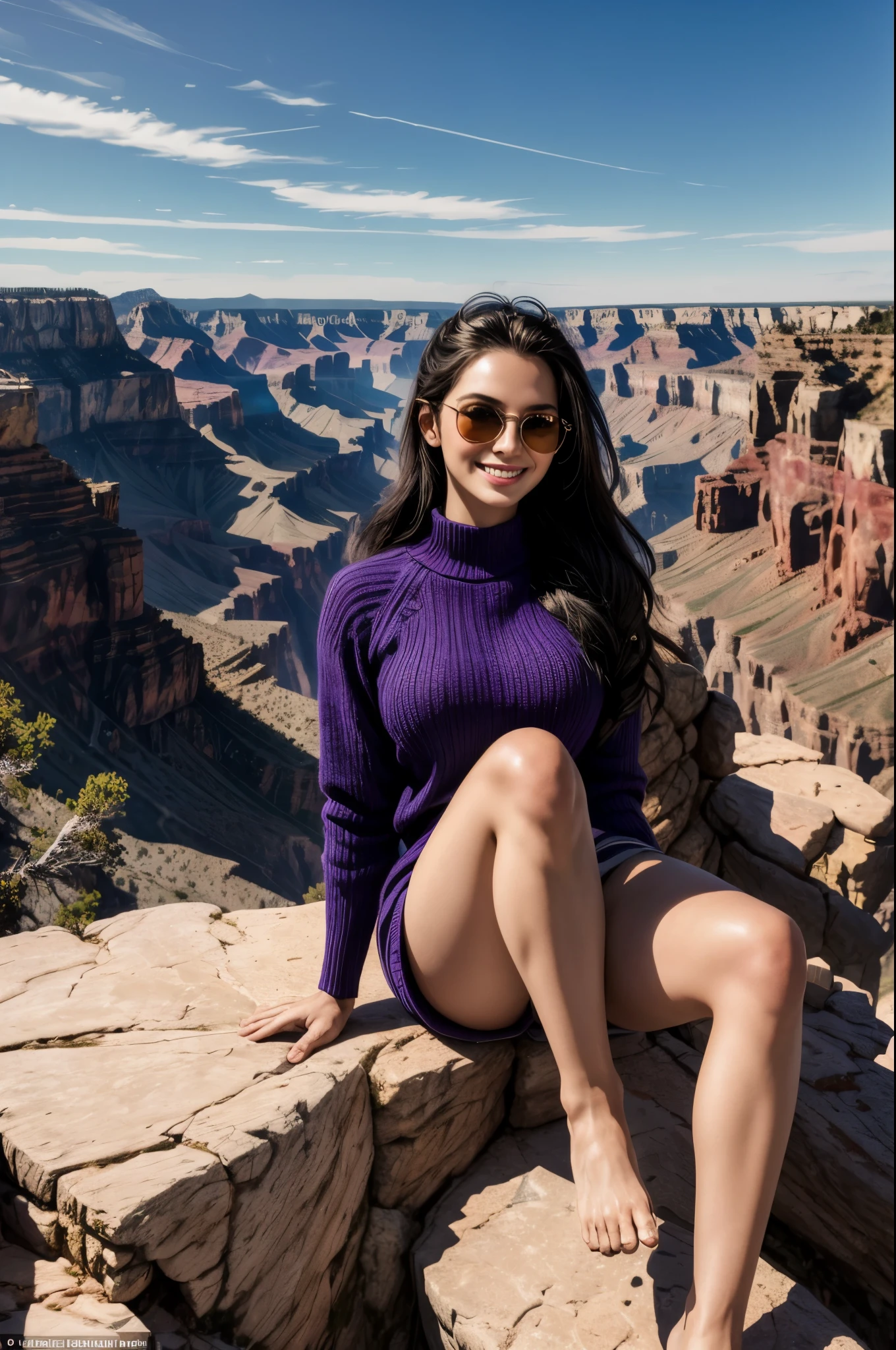 masterpiece, best quality, extremely detailed, hyperrealistic:1.1, photorealistic, a beautiful 20s russian model, ultra detailed face:1.1, black hair, purple sweater, sunglasses on head:1.1,sitting on the edge of a cliff, her feet in the air, grand canyon, united states, gold at sunset:1.1, happy smile:1.1


