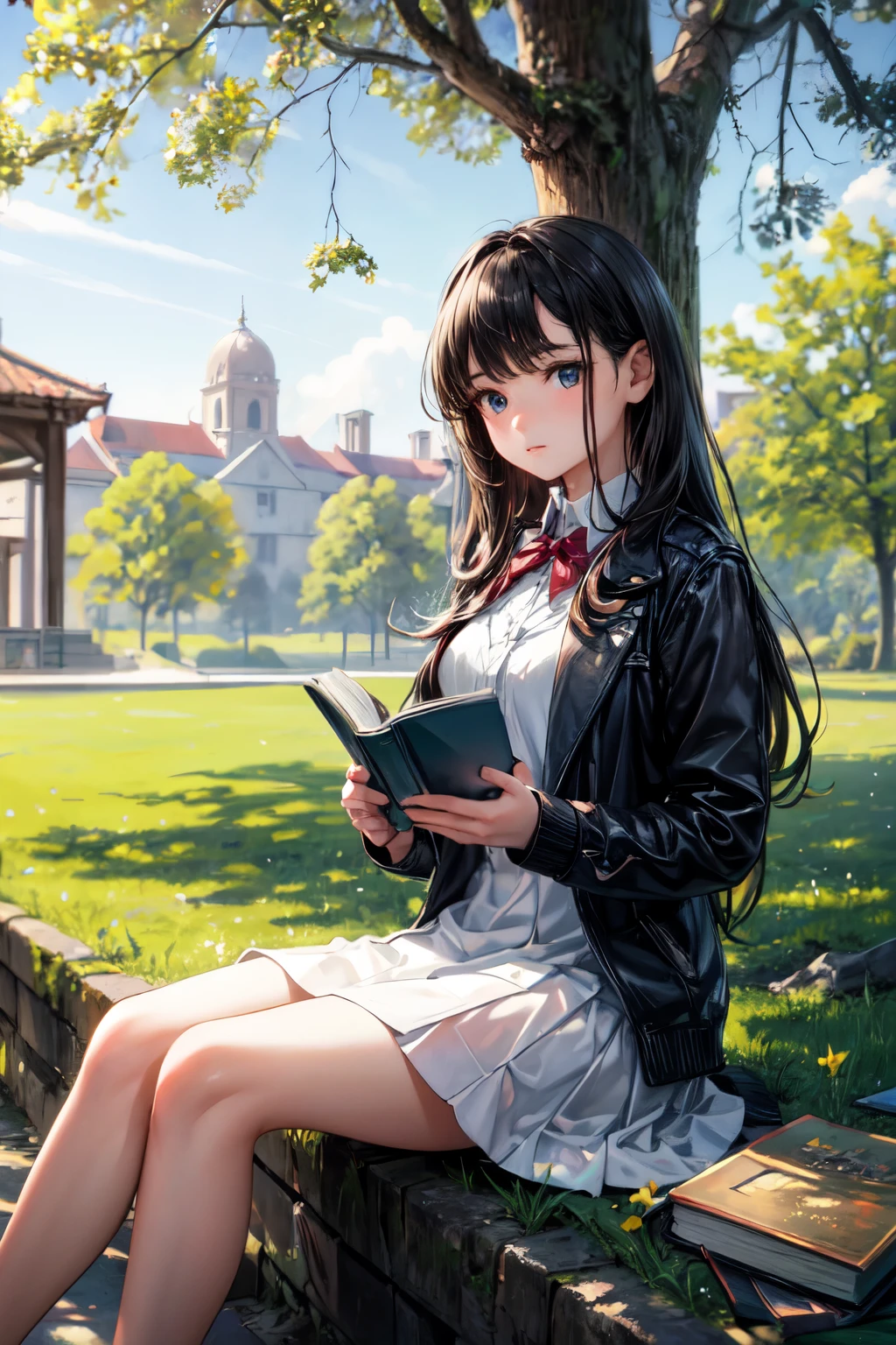 ((best quality)), ((masterpiece)), (detailed),(perfect face),"Alone girl outside the school, she is sitting on the grass with her book in sad nature, she is looking at her book under a beautiful tree,
