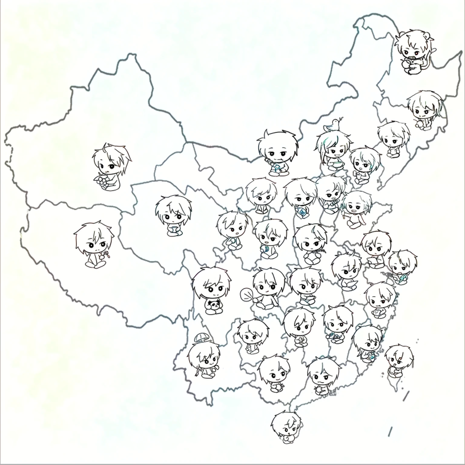 People Coloring,Hair color variety,Colorful,Bright characters,The background color is mainly light blue-green