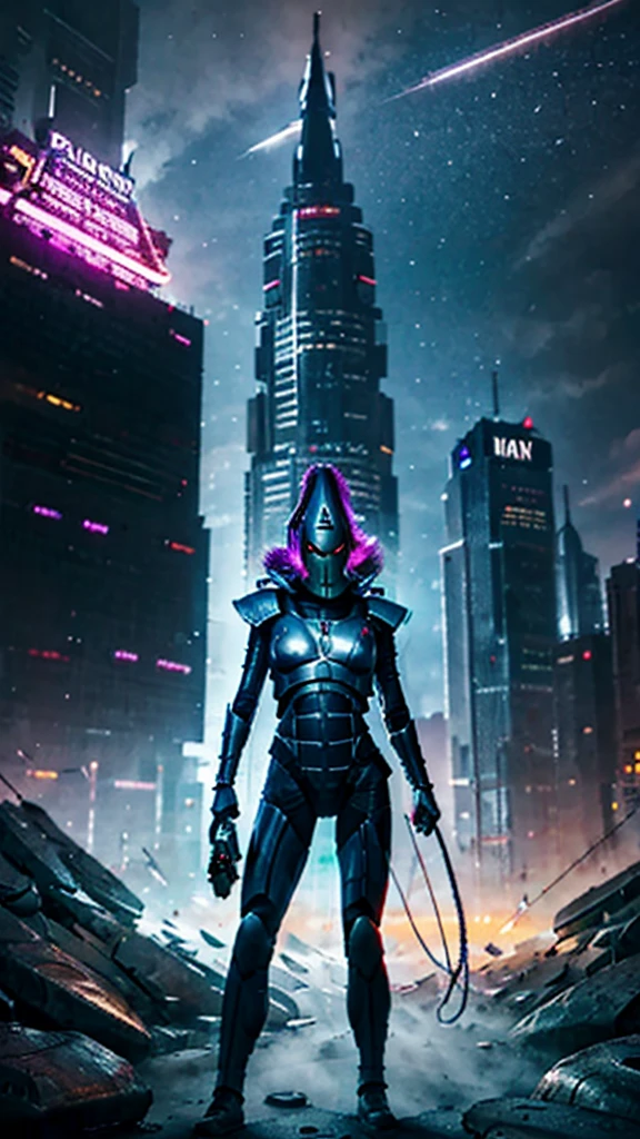 Futuristic aeldari wearing a sleek silver jumpsuit embedded with light-up circuitry, standing confidently with her hands on her hips in front of a cyberpunk cityscape, neon signs flickering, holograms floating by, dusk sky overhead, urban and high-tech, digital painting, ultra clear, 8k, cinematic.
