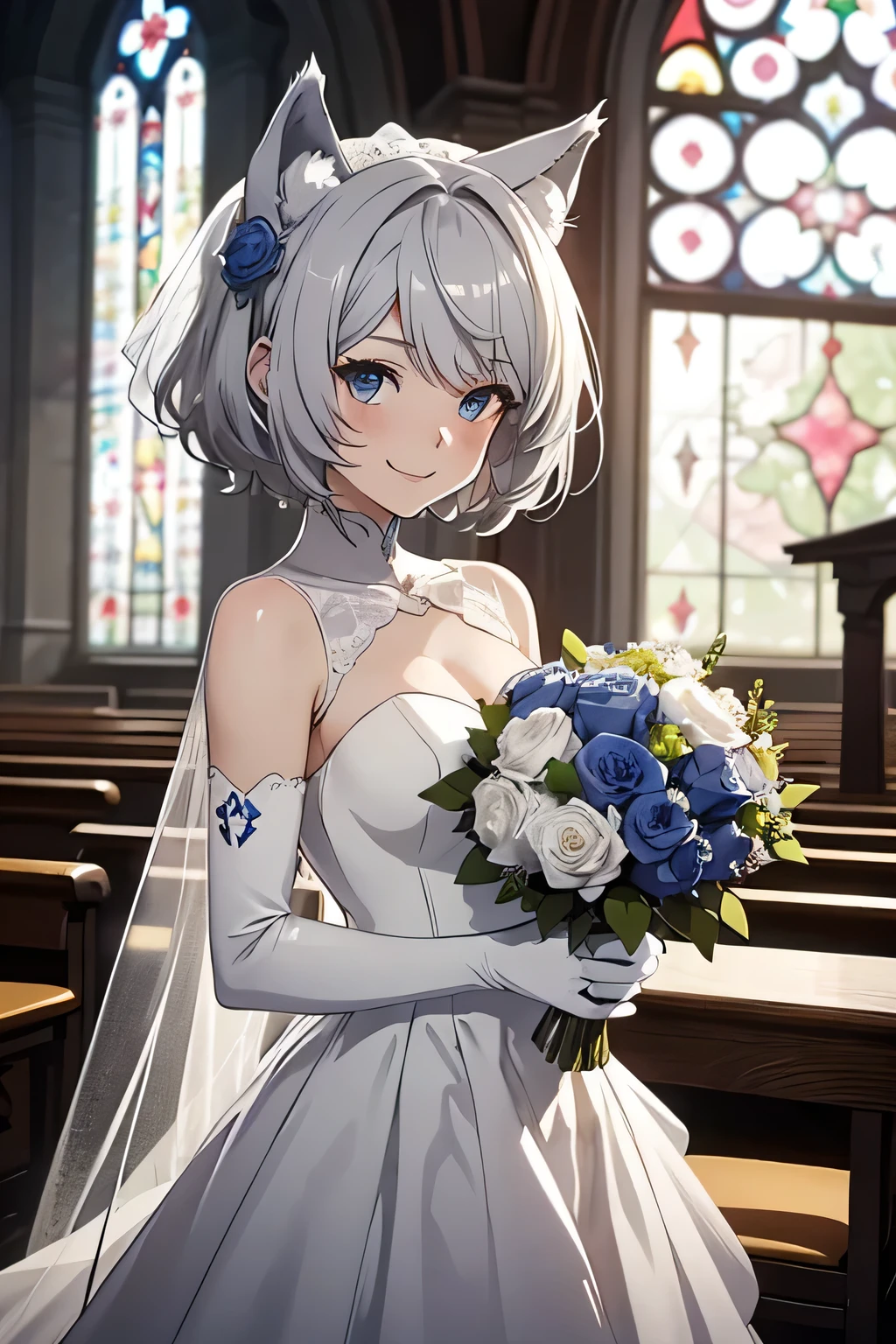 table top best image quality wonderful high detail One Young Woman((adult))anime style Wedding dress(No sleeve) white long gloves(elbow gloves) white pantyhose wolf ears short hair((shortcut)(gray hair)(curly hair)(fluffy)) smile(Happy) eye color is blue church bouquet
