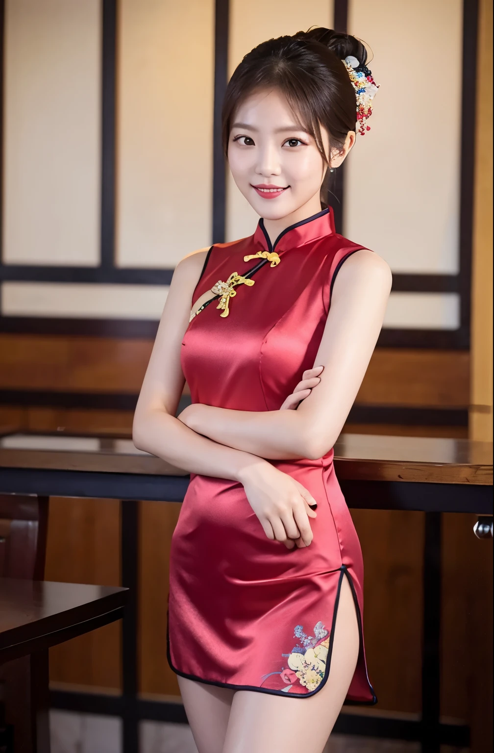 (highest quality、8k、masterpiece、Hmph:1.2)、19-year-old slender beauty，Flashy makeup using red eyeshadow，Open your mouth wide、Yōho、double eyelid，Delicate medium cut ponytail，squat、Spread your legs，　Showing white panties,Her white panties are clearly visible、Sexy Chinese dress and silk mini skirt，The best smile，She is wearing a sexy short colorful cheongsam。。，Cheongsam with deep slit，Draw hands correctly，The background is the bright interior of a Chinese restaurant...，