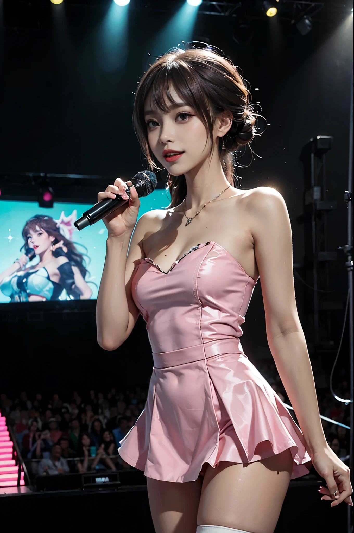 (1 Girl Solo, 1 Sexy Woman, Brown Hair, Bub Cut, Idol singer, Pink Gorgeous and cute clothes, holding microphone in hand:1.4), (Sexy woman, Thigh, Cowboy shot:1.3), Earrings, Necklace, Dancing, woman live, Standing in the middle of the live house stage, (Laege Breasts, Perfect face, Detailed face, full pouty lips, Glossy lips, Makeup, eyes liner, Expressive eyes), Punk rock chick on stage, A woman singing a song on stage, Good hands, better hands, ((anatomically correct)), (Futuristic Portrait), (Extreme-Close-Up:1.2), cinema shot, Rim Lighting, Cinematic Light, (On a stage with twinkling lights, smile, Singing, Silhouettes of the audience cheering in the audience, Stage, Audience, depth of field:1.4), Look at viewer, no futuro telhado de luz neon, SSCI - FI e Fantasia, intrincado e muito bonito e elegante, altamente detalhado, pintura digital, art-station, arte conceitual, smooth and sharp focus, illustration, Arte de Tan Zi e Ayanamikodon e Alphonse Mucha e Wlop