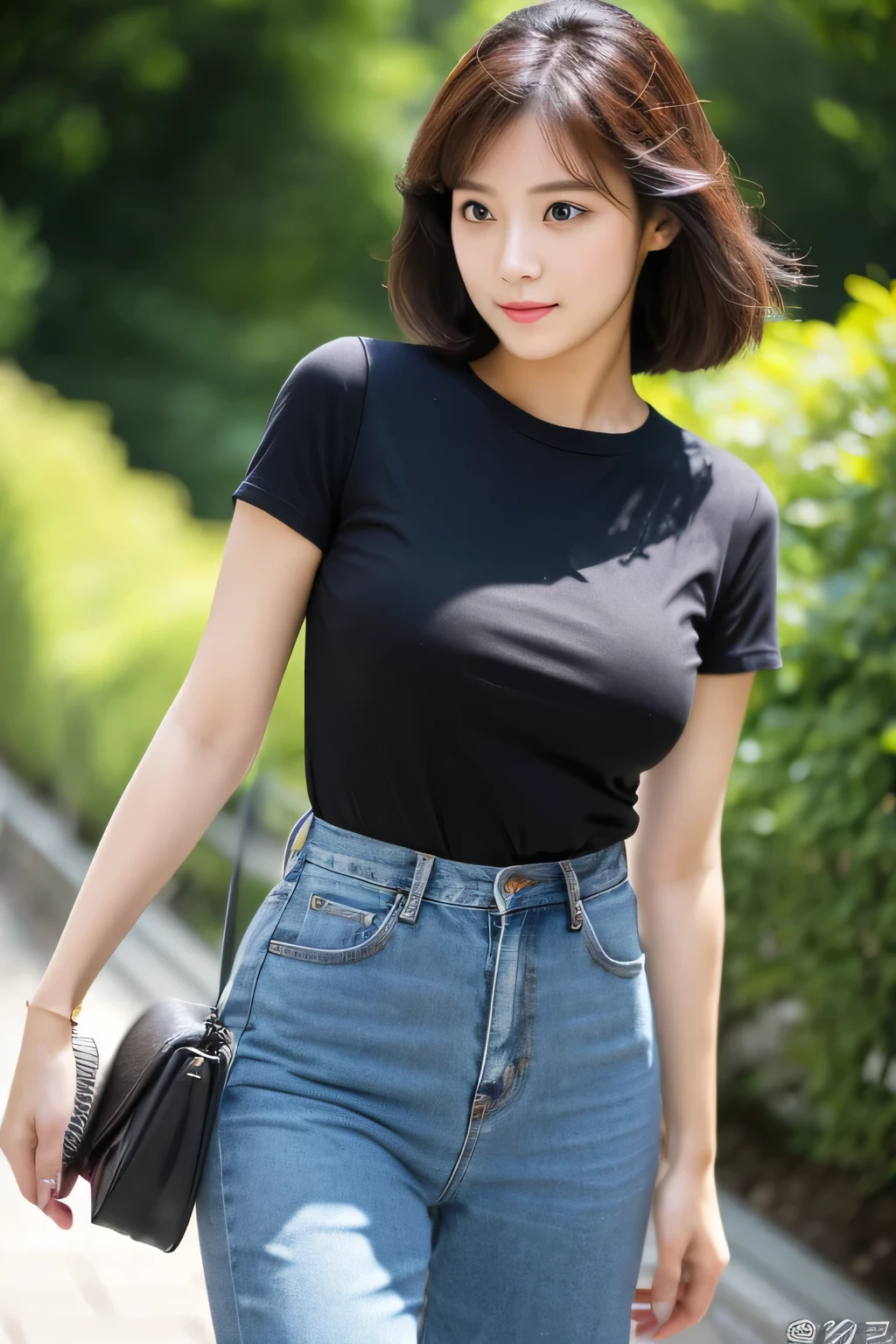 Mastepiece, highest quality, figure, Super fine, be familiar with, High resolution, 8K Wallpaper, Perfect dynamic composition, whole body, Beautiful eyes in every detail, 20-year-old women, Natural lips, Wearing a black T-shirt, Asian Woman, Black T-shirt, Normal size breasts, Facing forward, T-shirts are short sleeves, Pants are jeans, T-shirts on top,