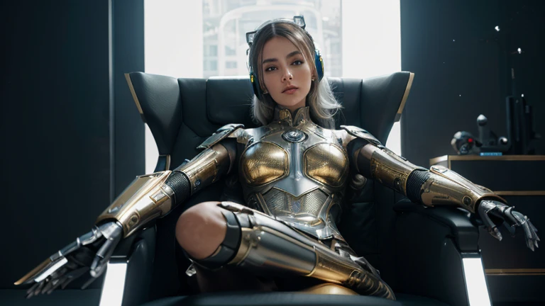 Futuristic robot girl lounging on a chair, intricate costume with white and gold accents, high-res 8k resolution, Android Jones inspired, Unreal Engine 5, solarizing master luxury sci-fi, detailed metallic textures, epic pose, professional lighting