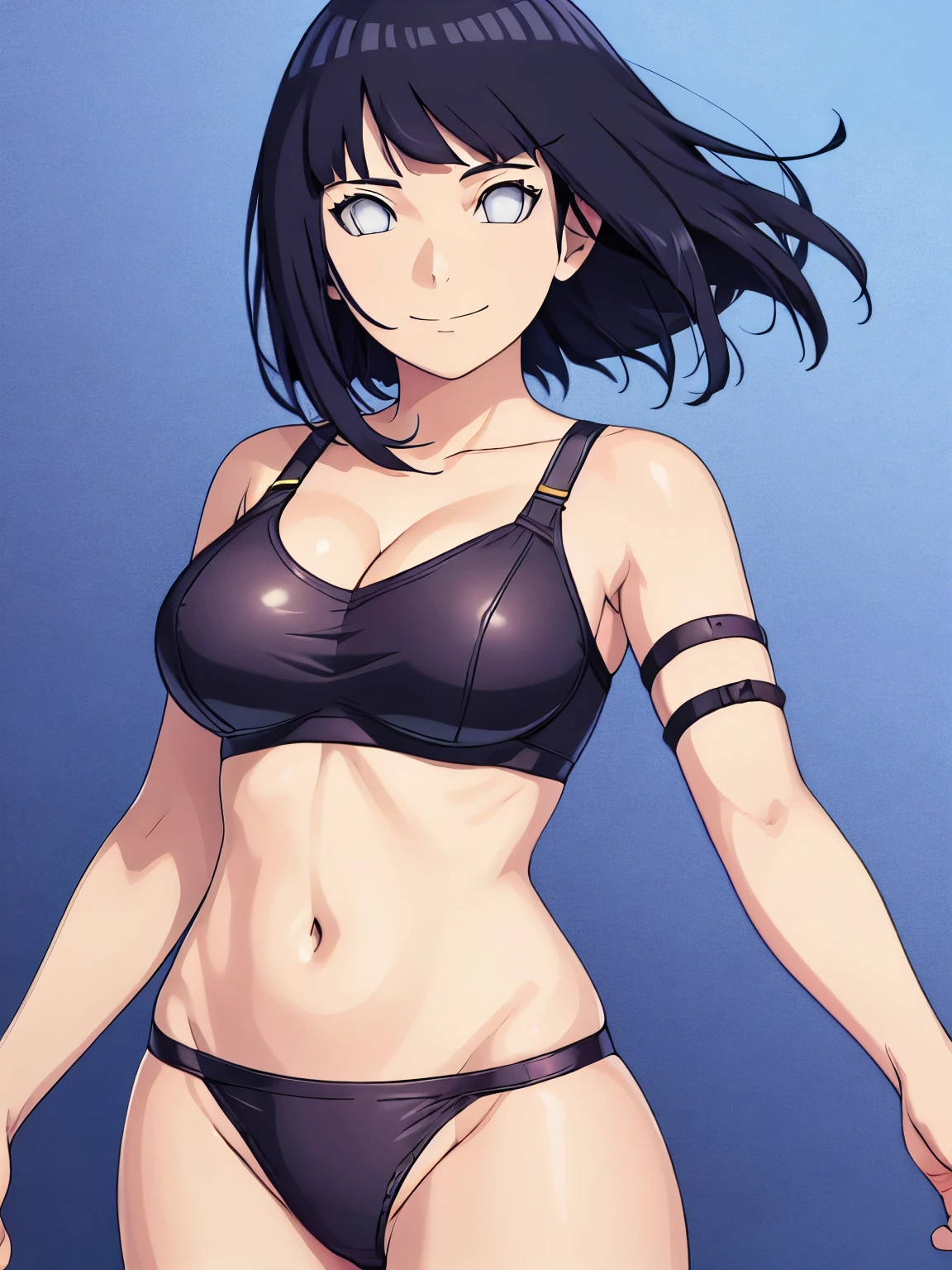 (hinata\(boruto\), (high quality, anime, standing), ((wrestling outfit: double leather bra for wrestling, arm strap, arm strap, thong for wrestling)), ((slender woman, off-shoulders, (long belly), thick arms, super detailed body, smile)), ((pointing)), (medium-big breasts, cleavage), closed mouth), tan skin, ((floating hair, dark blue, short hair, hime cut، loose hair), (background: simple white background only), (background: simple white background only, windy)