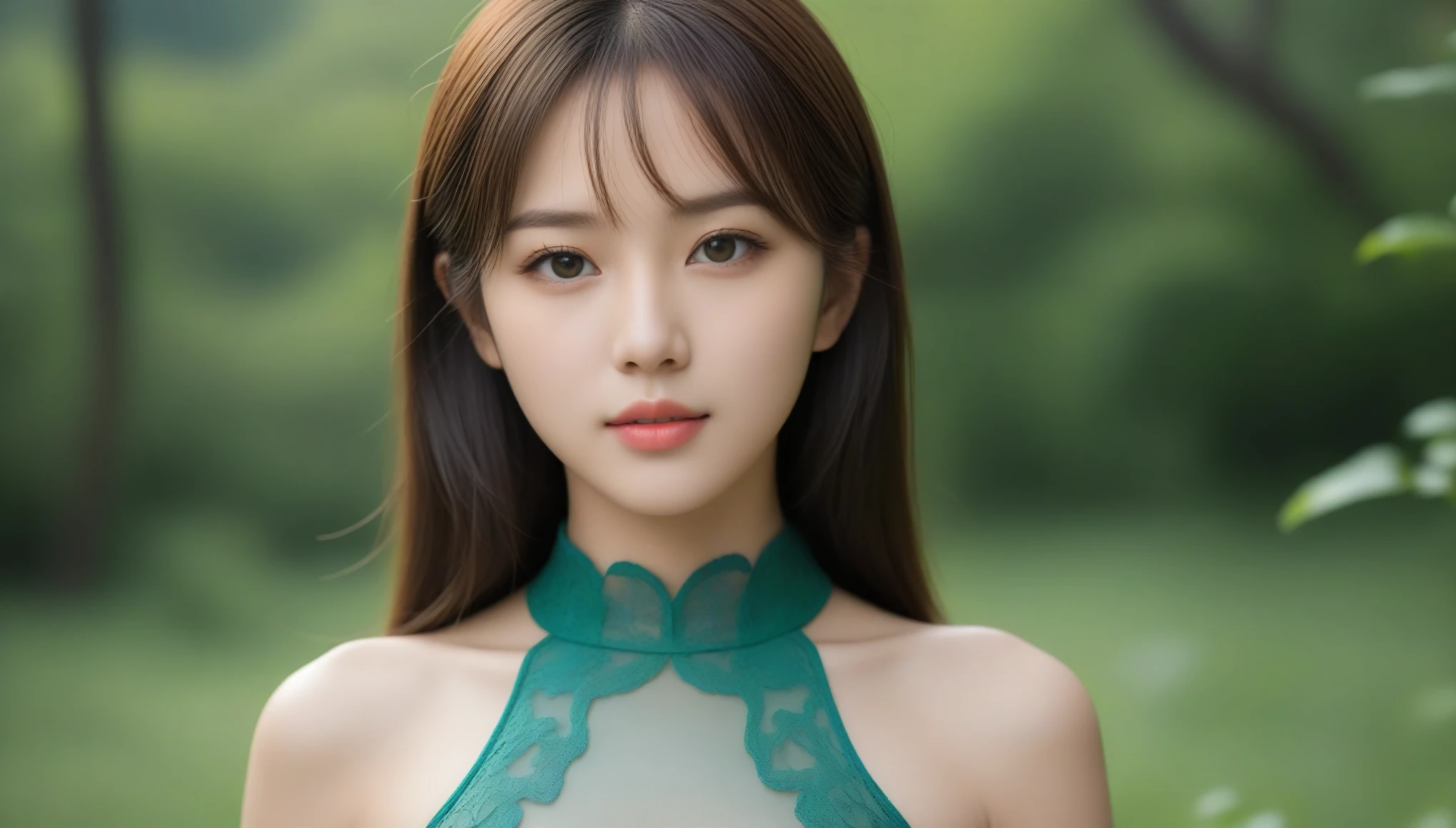 8k, 超High resolution, highest quality, masterpiece, Surreal, photograph, 1 girl, (16 years old:1.3), pretty girl, Cute Face, Beautiful eyes in every detail, 細かくdetailedに,masterpiece,Japan Female Announcer, Green grassland,With a brave look, Behind her, a green forest spreads out、Beyond that, Mountains in the distance々stands tall、((Anatomically correct)),((Good composition)), ((Good perspective)),((masterpiece)), ( ( detailed outline)),((extremely detailed)),((Digital Art)), ((well-proportioned body)), High resolution, High resolution, Full definition, Full resolution, detailed face, 4K,High resolution, sharp,perfection,depth,with depth,Sharp focus,Depth of Field Dynamic Pose、 Sexy pose、See through 、Looking at the audience、beauty,Long neck、Laugh a little、Please close your mouth and laugh、(((Ideal body type))),A-cup small breasts :2,、Portraiture:2、perfectionな解剖学、鮮明なdetailed、detailed、Surreal、Light and shadow,Strong light,Fashion magazine cover,Thin lips