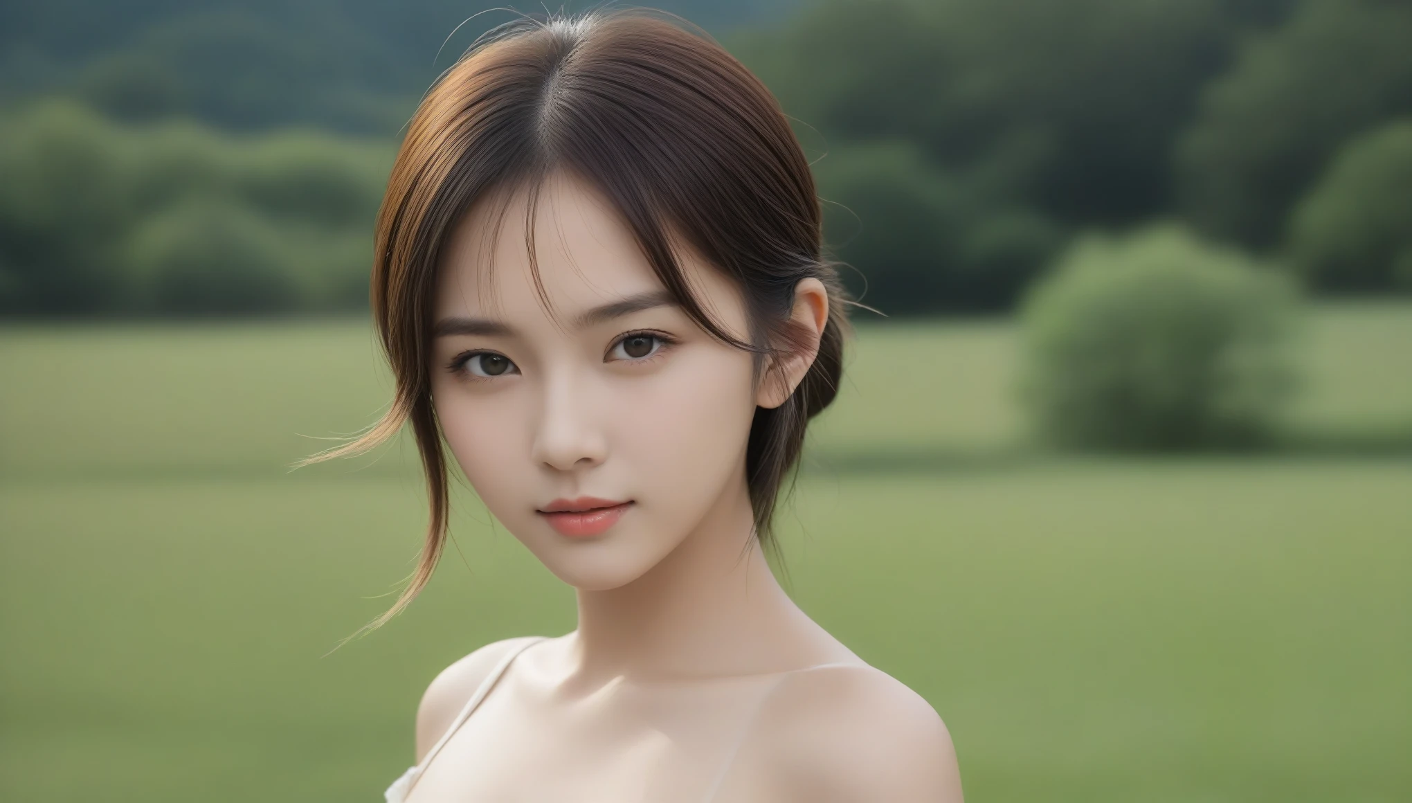 8k, 超High resolution, highest quality, masterpiece, Surreal, photograph, 1 girl, (16 years old:1.3), pretty girl, Cute Face, Beautiful eyes in every detail, 細かくdetailedに,masterpiece,Japan Female Announcer, Green grassland,With a brave look, Behind her, a green forest spreads out、Beyond that, Mountains in the distance々stands tall、((Anatomically correct)),((Good composition)), ((Good perspective)),((masterpiece)), ( ( detailed outline)),((extremely detailed)),((Digital Art)), ((well-proportioned body)), High resolution, High resolution, Full definition, Full resolution, detailed face, 4K,High resolution, sharp,perfection,depth,with depth,Sharp focus,Depth of Field Dynamic Pose、 Sexy pose、See through 、Looking at the audience、beauty,Long neck、Laugh a little、Please close your mouth and laugh、(((Ideal body type))),A-cup small breasts :2,、Portraiture:2、perfectionな解剖学、鮮明なdetailed、detailed、Surreal、Light and shadow,Strong light,Fashion magazine cover,Thin lips