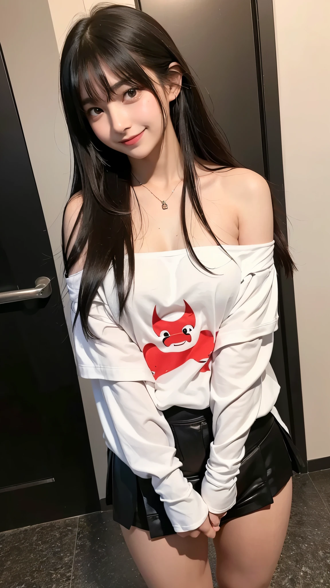 ​masterpiece,top-quality, 1 Male 1 Female,Girl hugged by shoulder by macho man,(Petite girl,Girl with black hair,Girl with beautiful eyes,、Off-the-shoulder sagging big shirt, huge tit、beautiful legs、skinny thigh, A shy girl,Little devil smiling girl,Red face、Estrus face、perspiring、Mesgaquismiles、Evil smile),Uncle putting his hands around a girl's waist,Uncle bringing his face closer to a girl(Dark-skinned macho man,Big Men,Uncle without clothes,man grinning,Uncle sweating),Inside the entrance,pov,