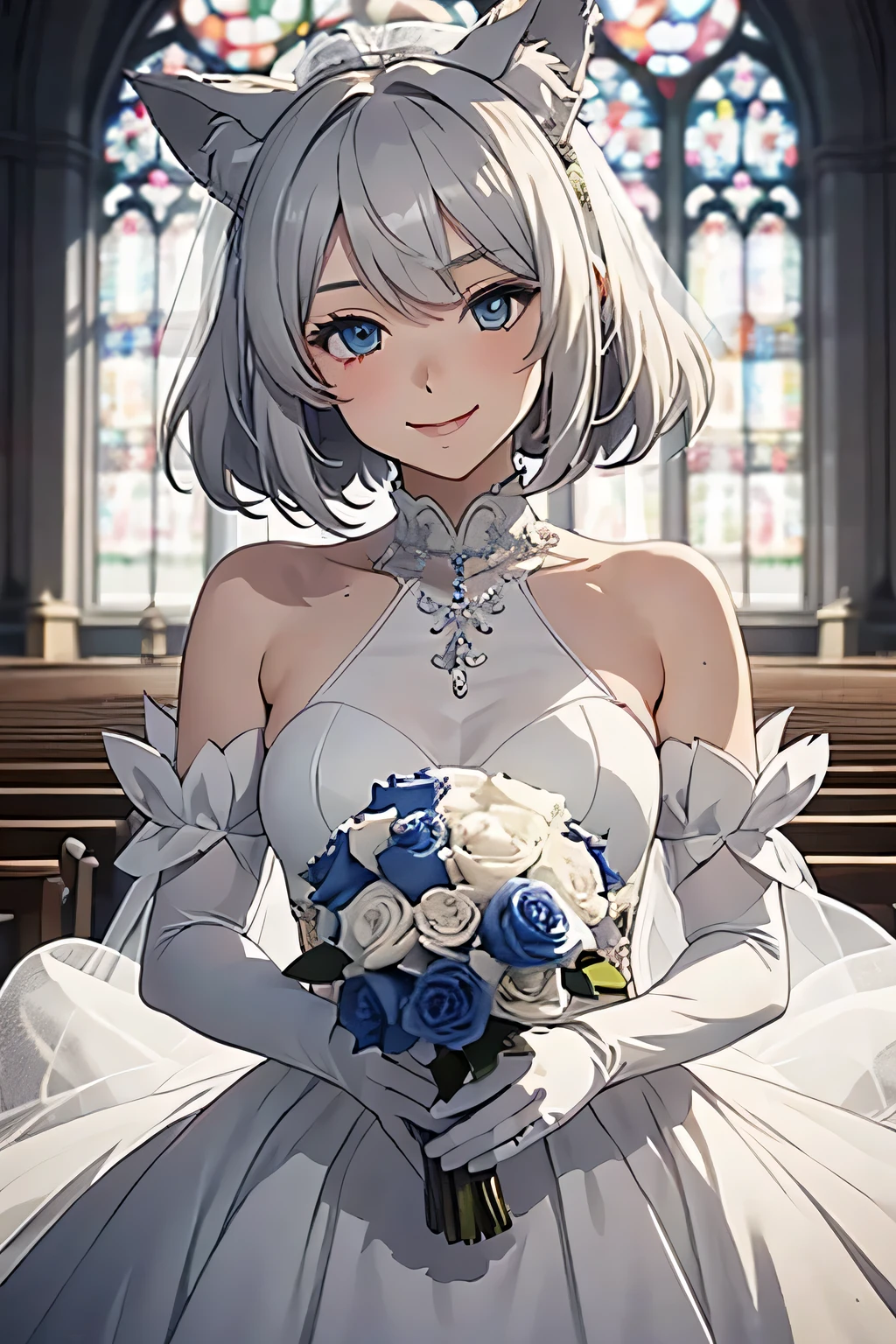 table top　 best image quality　wonderful　high detail　One Young Woman（（adult））anime style　Wedding dress（No sleeve）　white long gloves（elbow gloves）　white pantyhose　wolf ears　short hair（（shortcut）（gray hair）（curly hair）（fluffy））　smile（Happy）　eye color is blue　church　bouquet