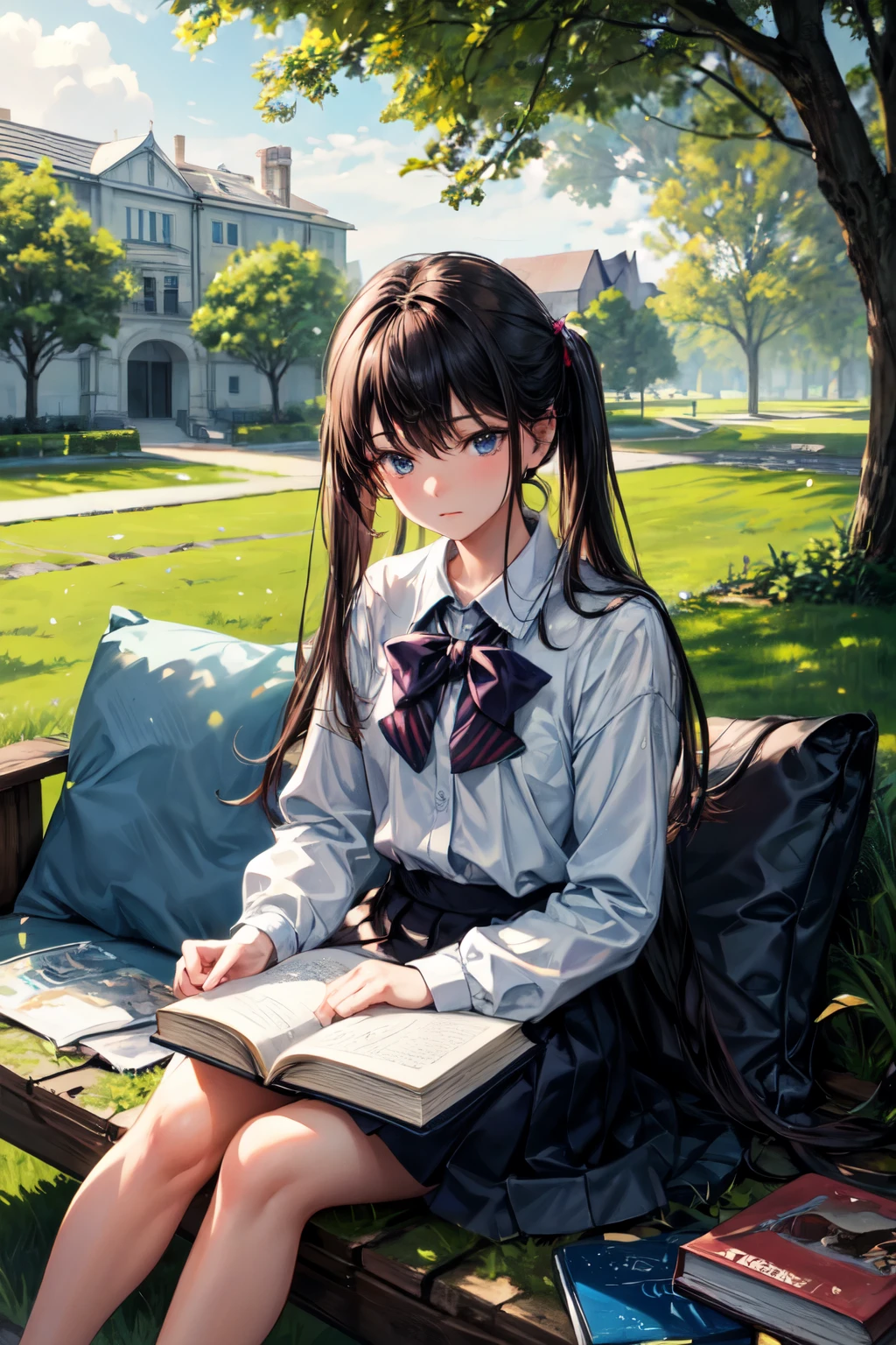((best quality)), ((masterpiece)), (detailed),(perfect face),"Alone boy outside the school, he is sitting on the grass with her book in sad nature, he is looking at her book under a beautiful tree,