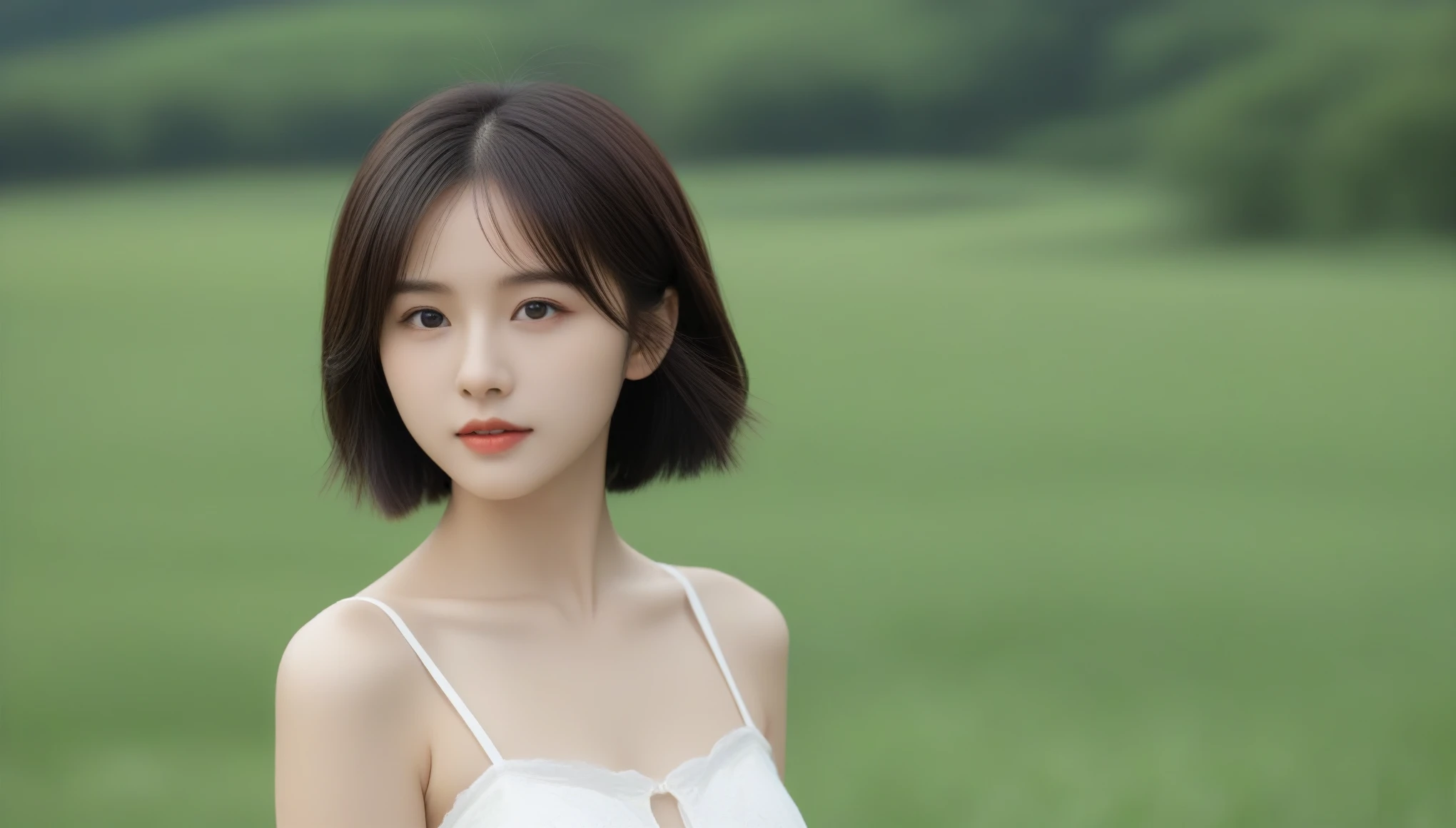 8k, 超High resolution, highest quality, masterpiece, Surreal, photograph, 1 girl, (16 years old:1.3), pretty girl, Cute Face, Beautiful eyes in every detail, 細かくdetailedに,masterpiece,Japan Female Announcer, Green grassland,With a brave look, Behind her, a green forest spreads out、Beyond that, Mountains in the distance々stands tall、((Anatomically correct)),((Good composition)), ((Good perspective)),((masterpiece)), ( ( detailed outline)),((extremely detailed)),((Digital Art)), ((well-proportioned body)), High resolution, High resolution, Full definition, Full resolution, detailed face, 4K,High resolution, sharp,perfection,depth,with depth,Sharp focus,Depth of Field Dynamic Pose、 Sexy pose、See through 、Looking at the audience、beauty,Long neck、Laugh a little、Please close your mouth and laugh、(((Ideal body type))),A-cup small breasts :2,、Portraiture:2、perfectionな解剖学、鮮明なdetailed、detailed、Surreal、Light and shadow,Strong light,Fashion magazine cover,Thin lips