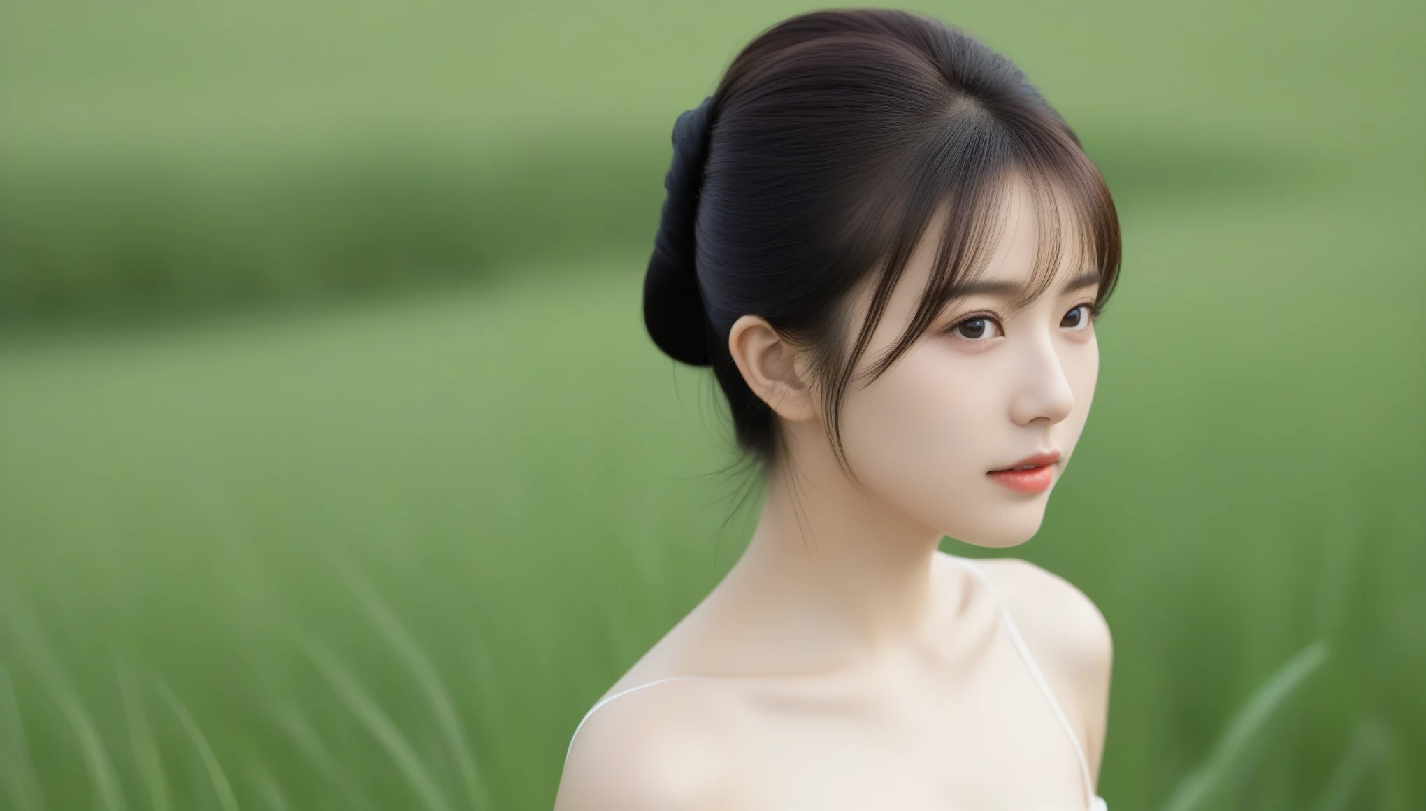 8k, 超High resolution, highest quality, masterpiece, Surreal, photograph, 1 girl, (16 years old:1.3), pretty girl, Cute Face, Beautiful eyes in every detail, 細かくdetailedに,masterpiece,Japan Female Announcer, Green grassland,With a brave look, Behind her, a green forest spreads out、Beyond that, Mountains in the distance々stands tall、((Anatomically correct)),((Good composition)), ((Good perspective)),((masterpiece)), ( ( detailed outline)),((extremely detailed)),((Digital Art)), ((well-proportioned body)), High resolution, High resolution, Full definition, Full resolution, detailed face, 4K,High resolution, sharp,perfection,depth,with depth,Sharp focus,Depth of Field Dynamic Pose、 Sexy pose、See through 、Looking at the audience、beauty,Long neck、Laugh a little、Please close your mouth and laugh、(((Ideal body type))),A-cup small breasts :2,、Portraiture:2、perfectionな解剖学、鮮明なdetailed、detailed、Surreal、Light and shadow,Strong light,Fashion magazine cover,Thin lips