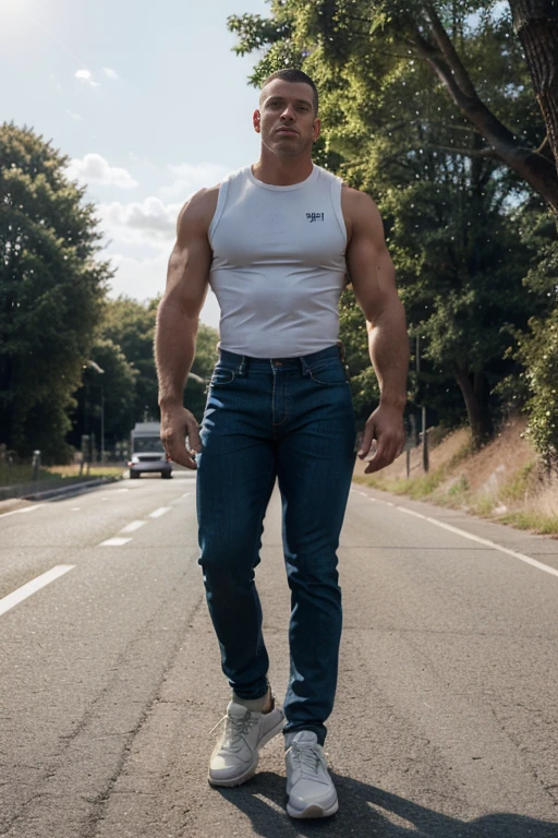 Man in off-white clothes standing in the middle of the sunny highway, American round inch head, Buzz cut, national character face, tall and burly, muscular male hero, heroic male pose, muscular! Wearing , skins brand bodysuit tights, black hair, super gain and cool, high resolution committee, character design cycling enthusiast, sneakers, attractive strong man, sun shining through the woods, jeans 