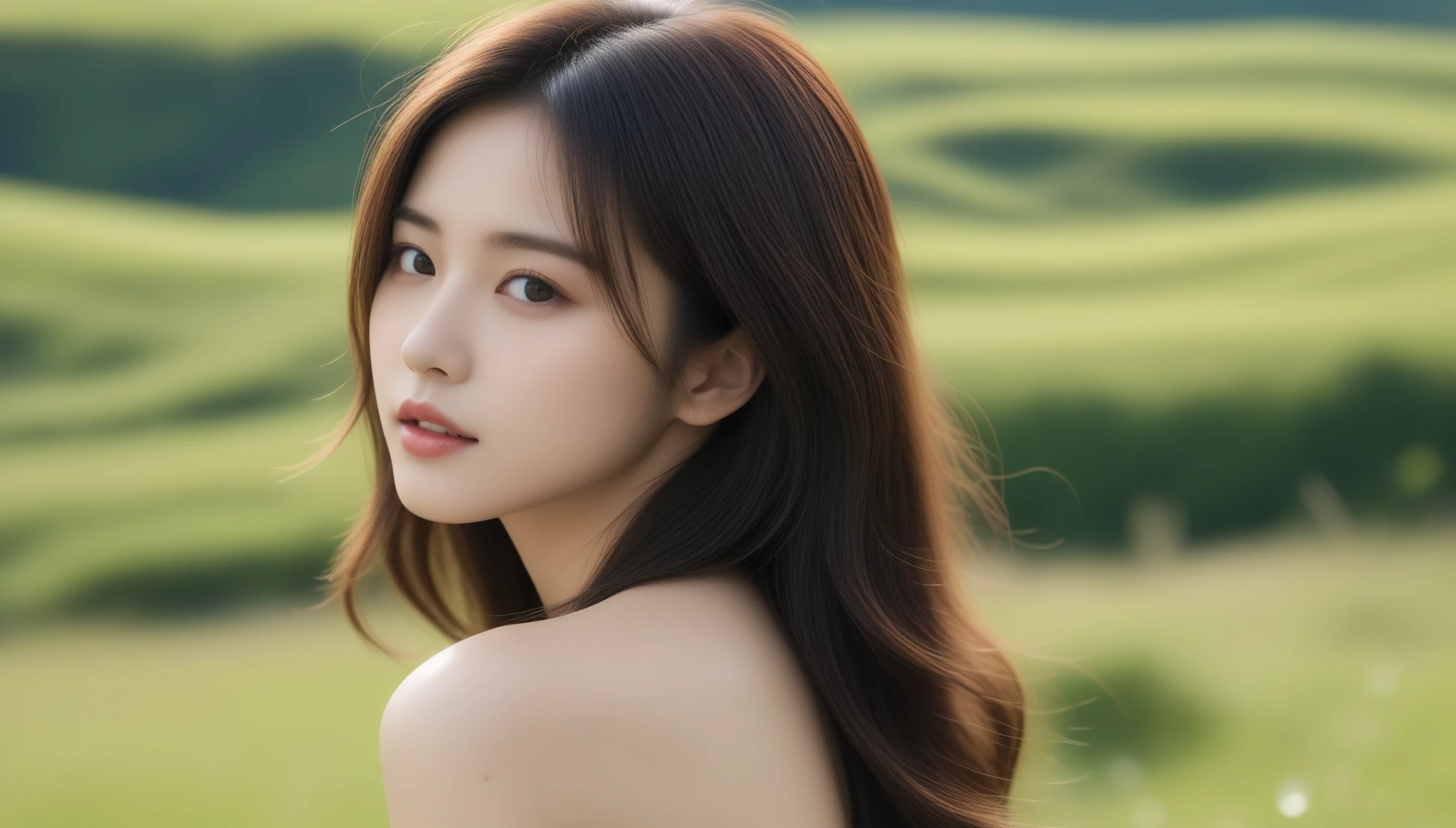 8k, 超High resolution, highest quality, masterpiece, Surreal, photograph, 1 girl, (:1.3), pretty girl, Cute Face, Beautiful eyes in every detail, 細かくdetailedに,masterpiece,Japan Female Announcer, Green grassland,With a brave look, Behind her, a green forest spreads out、Beyond that, Mountains in the distance々stands tall、((Anatomically correct)),((Good composition)), ((Good perspective)),((masterpiece)), ( ( detailed outline)),((extremely detailed)),((Digital Art)), ((well-proportioned body)), High resolution, High resolution, Full definition, Full resolution, detailed face, 4K,High resolution, sharp,perfection,depth,with depth,Sharp focus,Depth of Field Dynamic Pose、 Sexy pose、See through 、Looking at the audience、beauty,Long neck、Laugh a little、Please close your mouth and laugh、(((Ideal body type))),A-cup small breasts :2,、Portraiture:2、perfectionな解剖学、鮮明なdetailed、detailed、Surreal、Light and shadow,Strong light,Fashion magazine cover,Thin lips