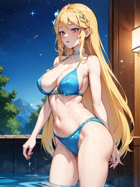 blonde very long hair, red eyes, wearing a sexy blue bra, ultrasharp, looking at the viewer, ((best quality)), ((masterpiece)), (detailed), perfect face, big breast, sexy body, with hearts and sparkles floating around her as she stands in a pool of water